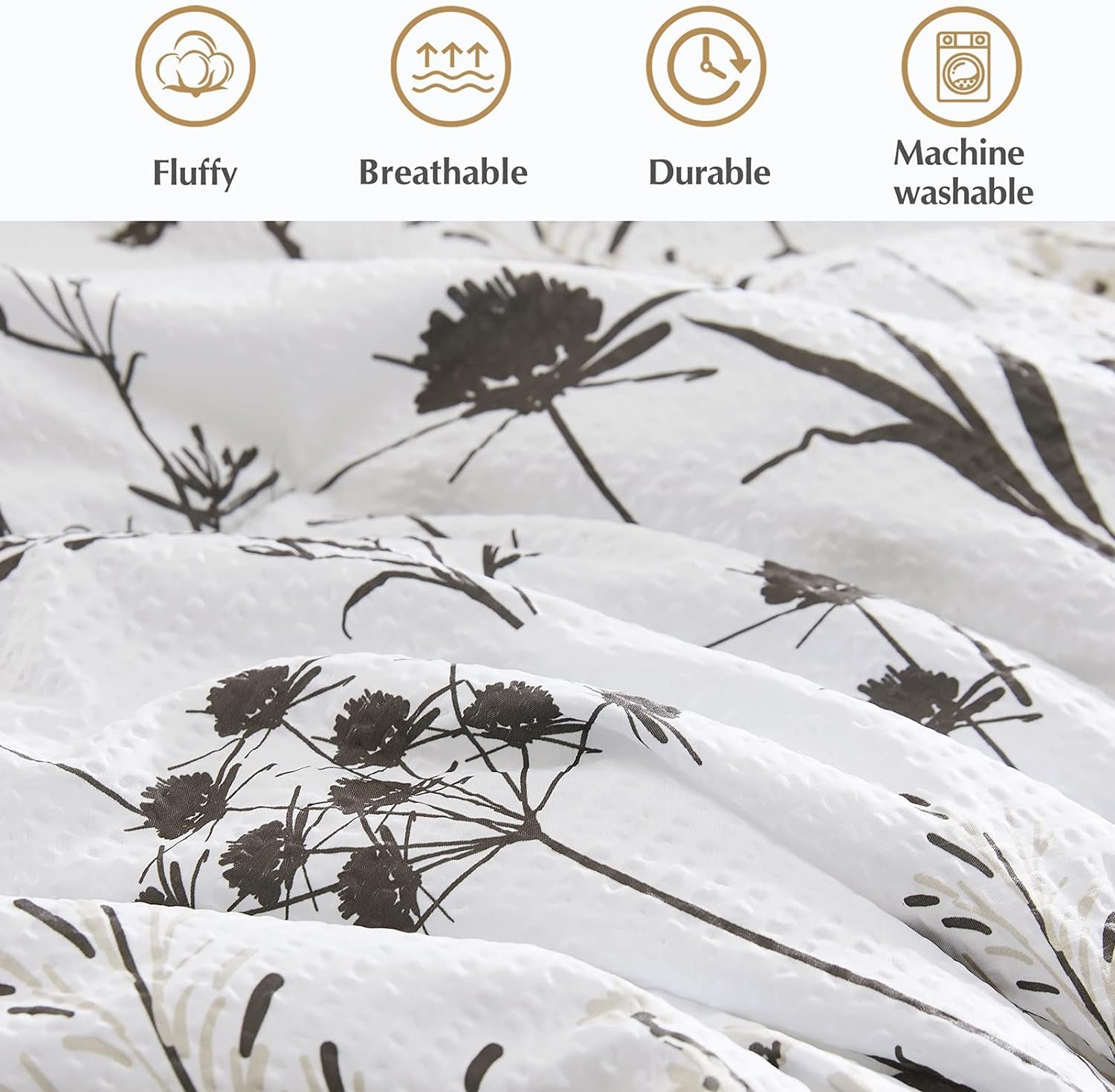 Dandelion Plant Comforter Set with Flowers Leaves Pattern, White and Grey Queen Size, 8pc (90"X90")