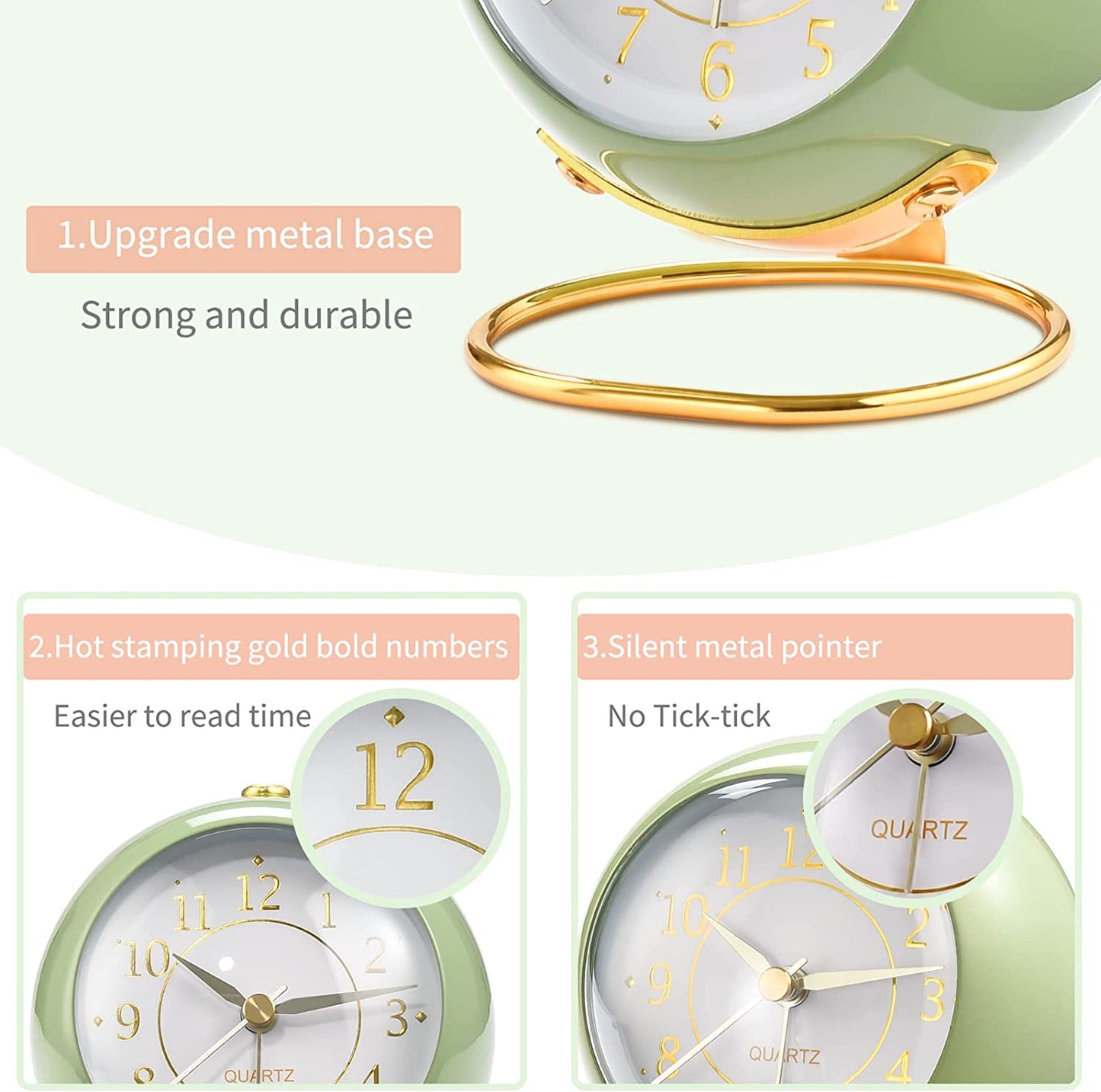 Analog Alarm Clocks,Retro Backlight Cute Simple Design Small Desk Clock with Night Light,Silent Non-Ticking,Battery Powered,For Kids,Bedroom,Travel,Kitchen,Bedside Desktop.(White)