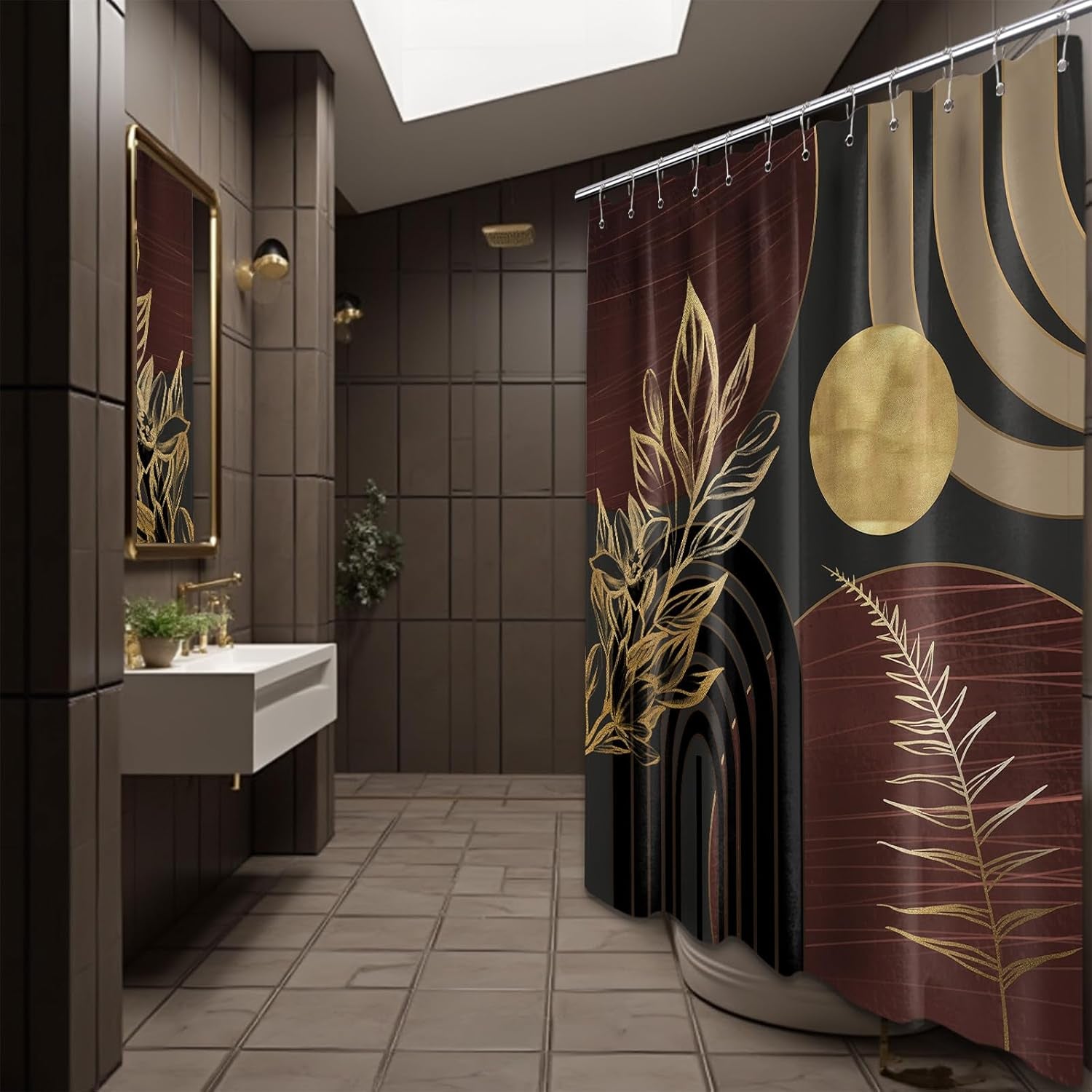 Dark Brown and Black Shower Curtain Boho Mid Century Gold and Brown Shower Curtains for Bathroom Decor, Waterproof Cloth Fabric with Hooks, 70" W X 72" L
