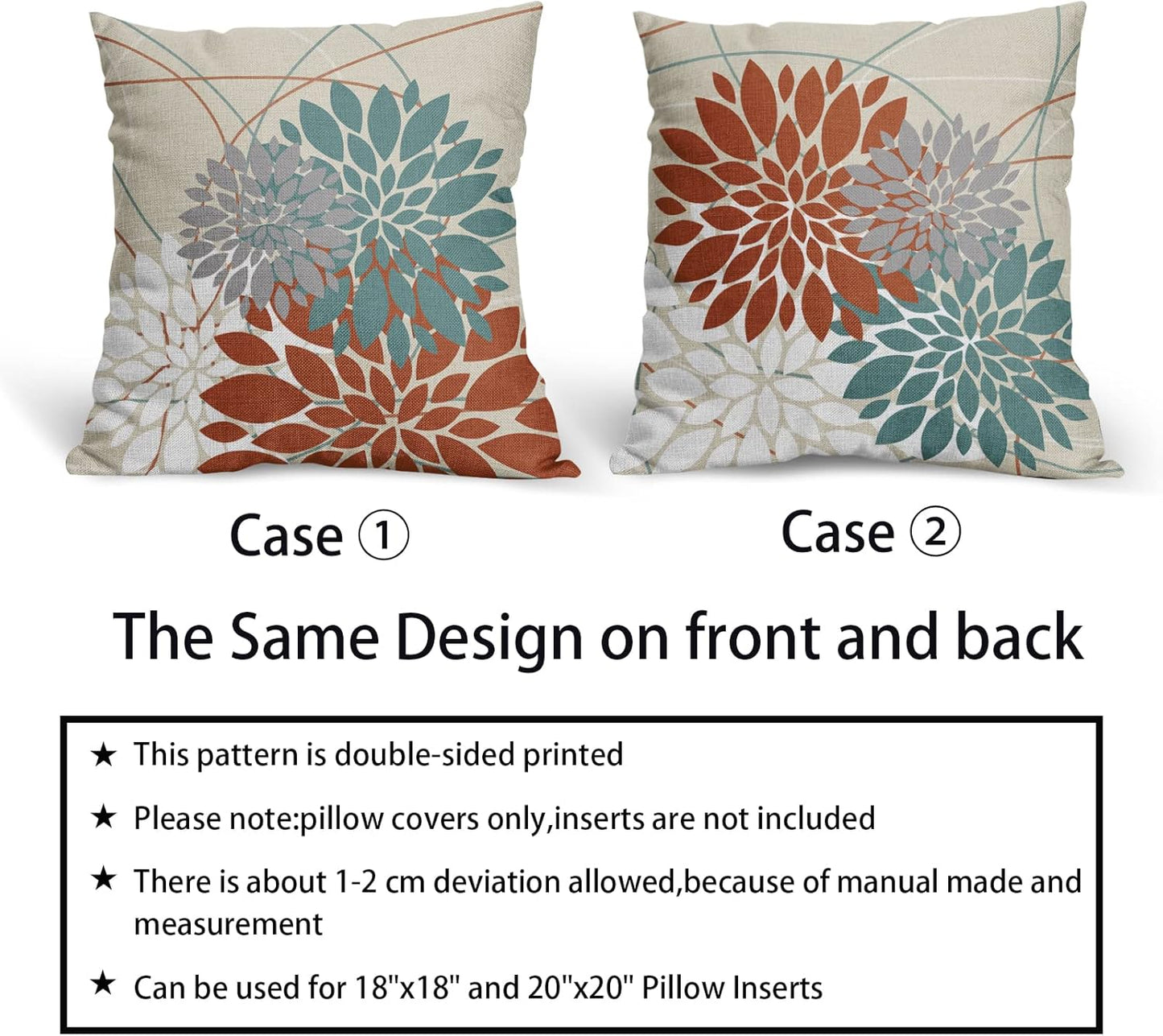 Orange Aqua Throw Pillow Covers 16X16 Dahlia Flower White Gray Elegant Colored, Set of 2