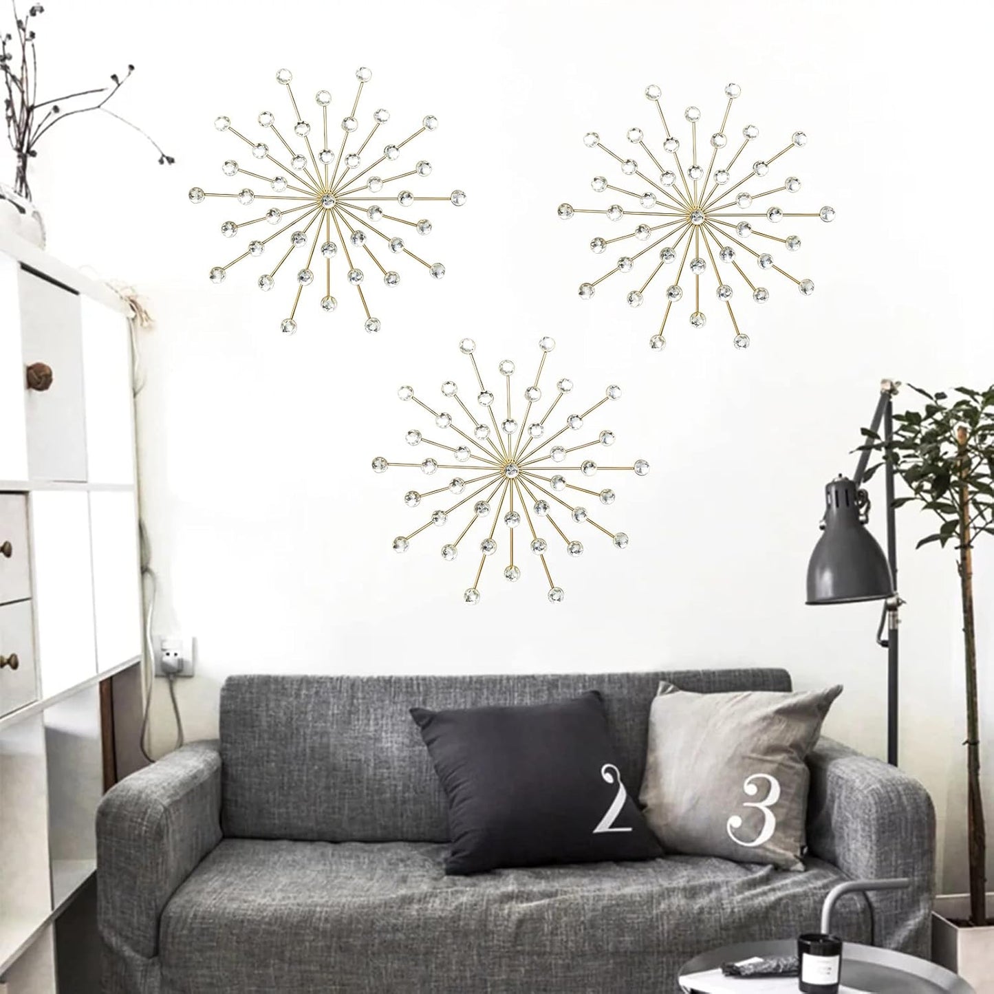 3 Set Gold Metal Jeweled Wall Art, Crystal Home Décor, Star Sun Rhinestone