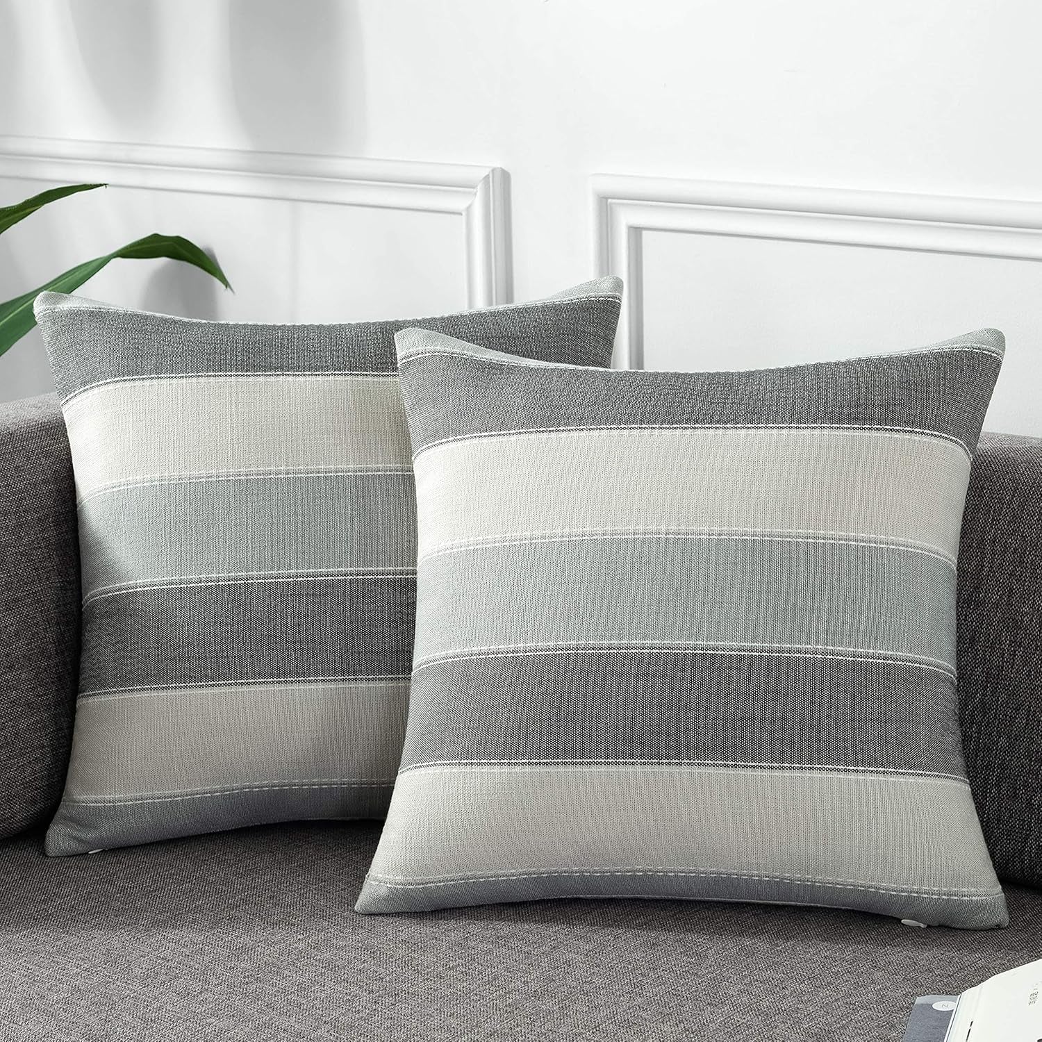 Pack of 2 Farmhouse Stripe Check Throw Pillow Covers Set 20X20Inch Dark Grey Beige