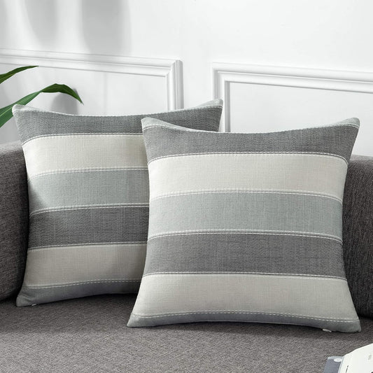 Pack of 2 Farmhouse Stripe Check Throw Pillow Covers Set 20X20Inch Dark Grey Beige