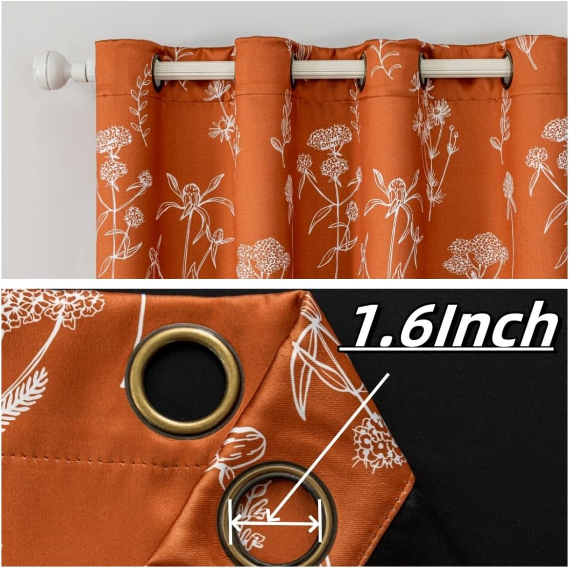Burnt Orange Floral Curtains 100% Blackout Curtains for Bedroom 84 Inch Long 2 Panels,52Wx84L