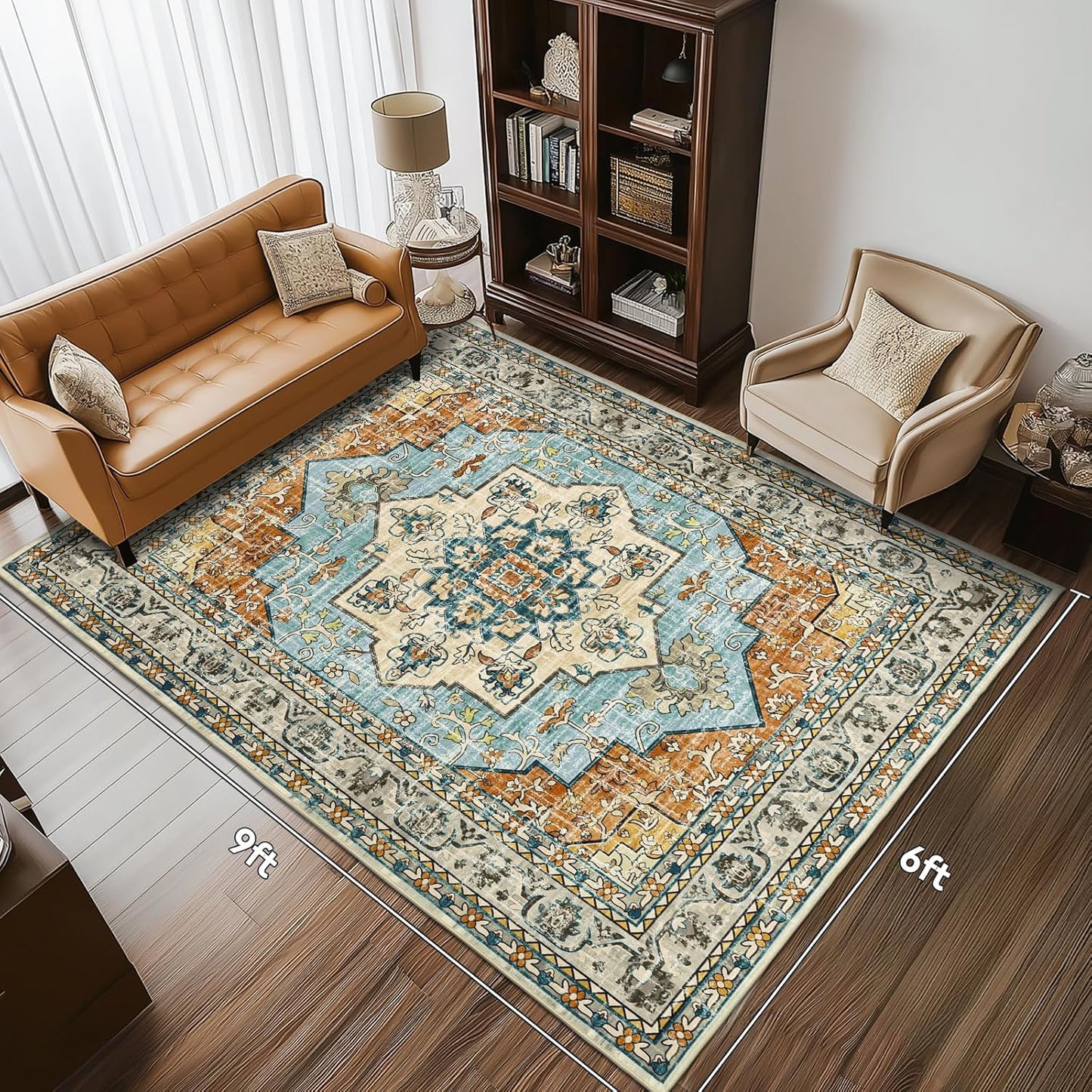 6X9 Area Rugs for Living Room,Non-Slip Soft Washable Rug with Vintage Medallion Pattern, , Orange Blue