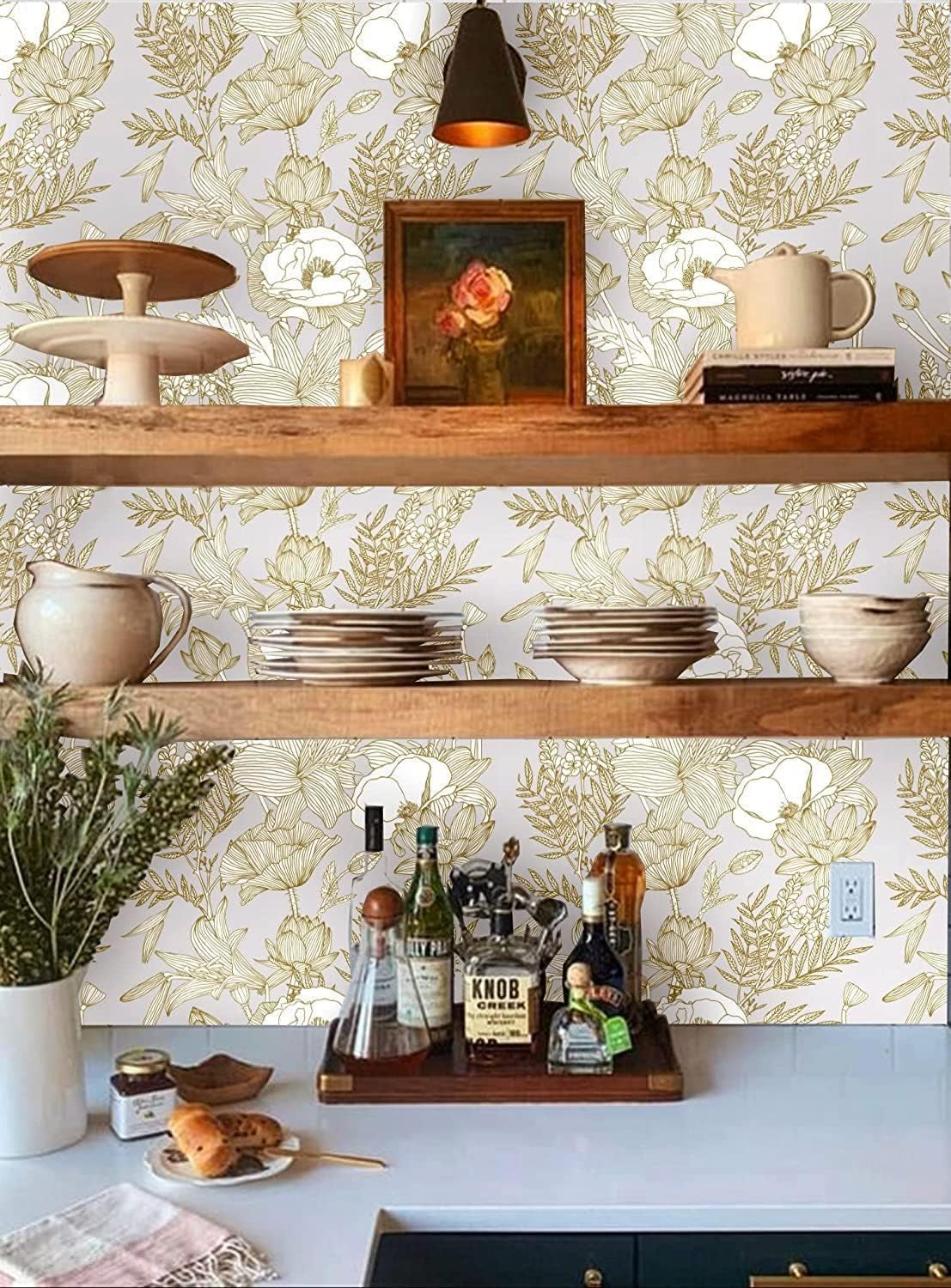 Elegant Modern Gold Lotus Lily Leaf Peel and Stick Wallpaper