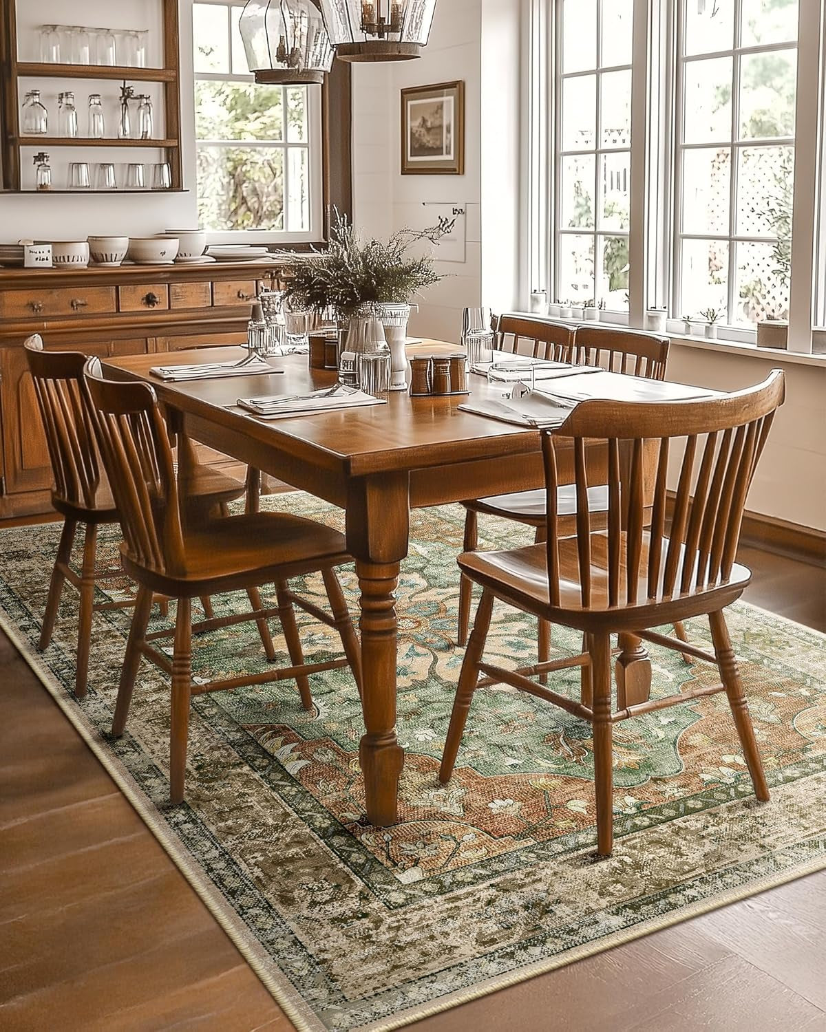 Area Rugs 5'X7' Washable Non-Slip, Floral Vintage Distress Print Pattern Medallion Carpet, Brick Red Rust Red Neutral