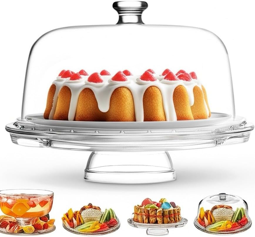 Cake Stand with Dome, 6-In-1 Multifunctional Glass Serving Platters - Elegant Pedestal Display, Durable Italian-Made Glass