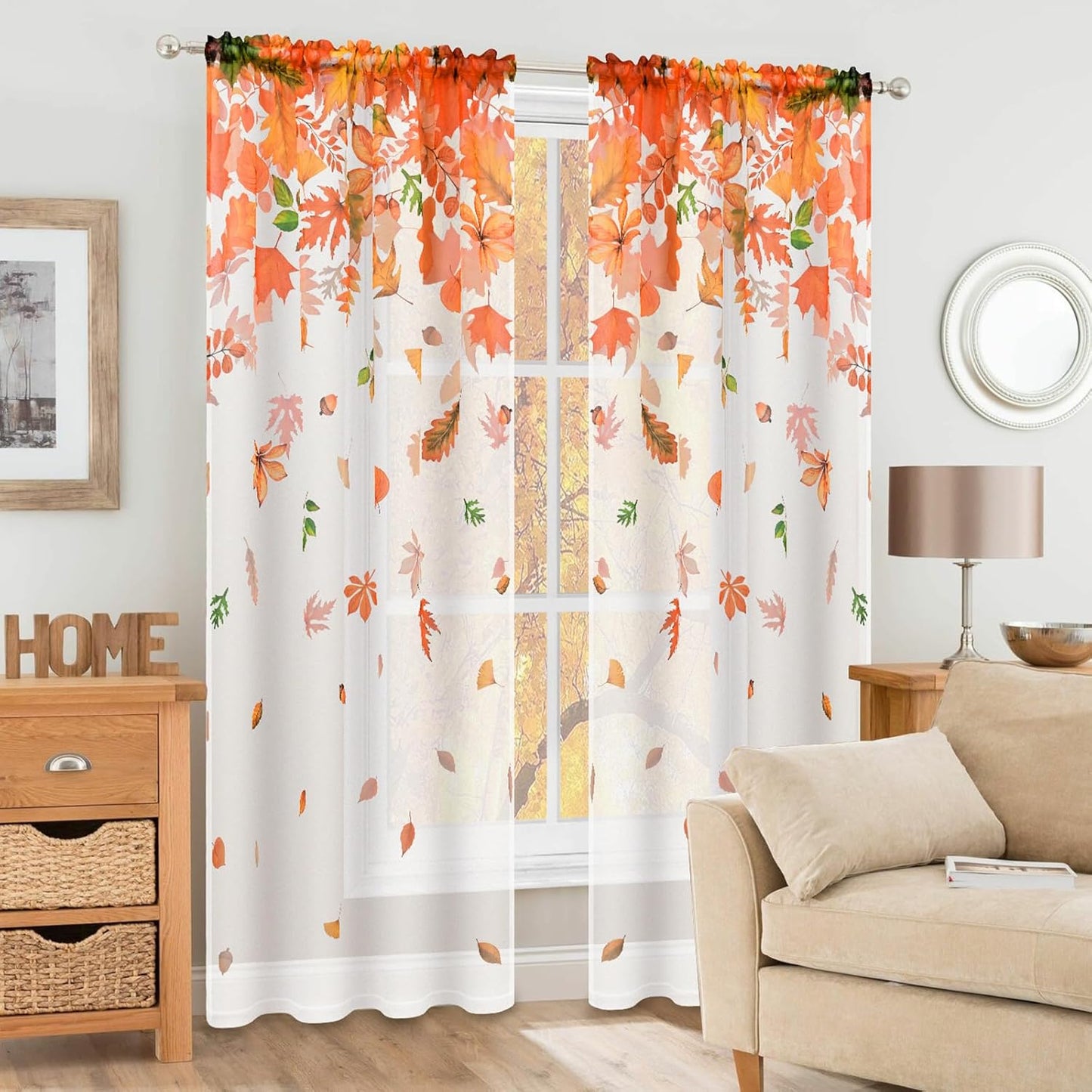 Fall Sheer Curtains, Maple Leaves Semi Window Curtains for Living Room, Light Filter Curtains 2 Panels Set, 52×84 Inch