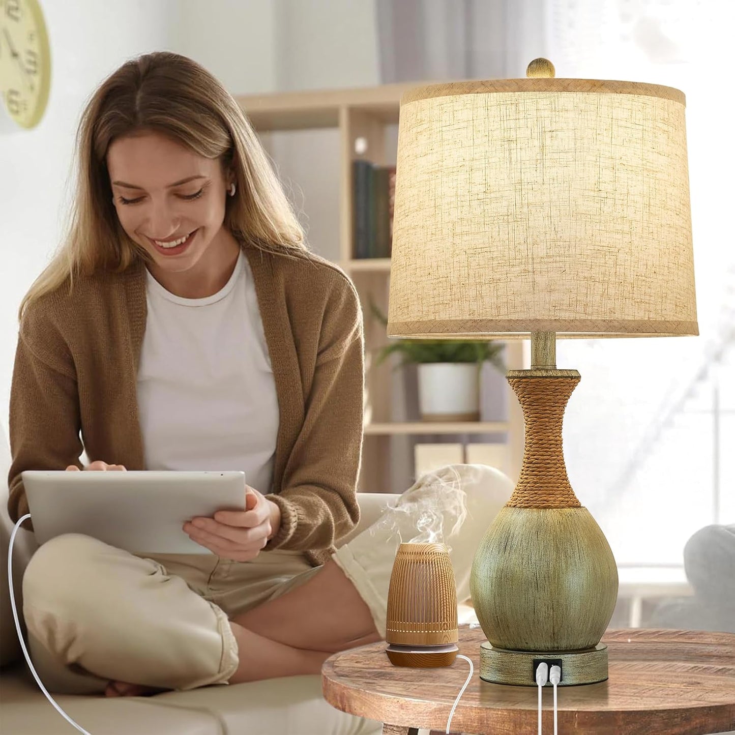 Boho Rattan Side Table Lamp Set of 2 - With 3 Way Dimmable - Bulbs Included