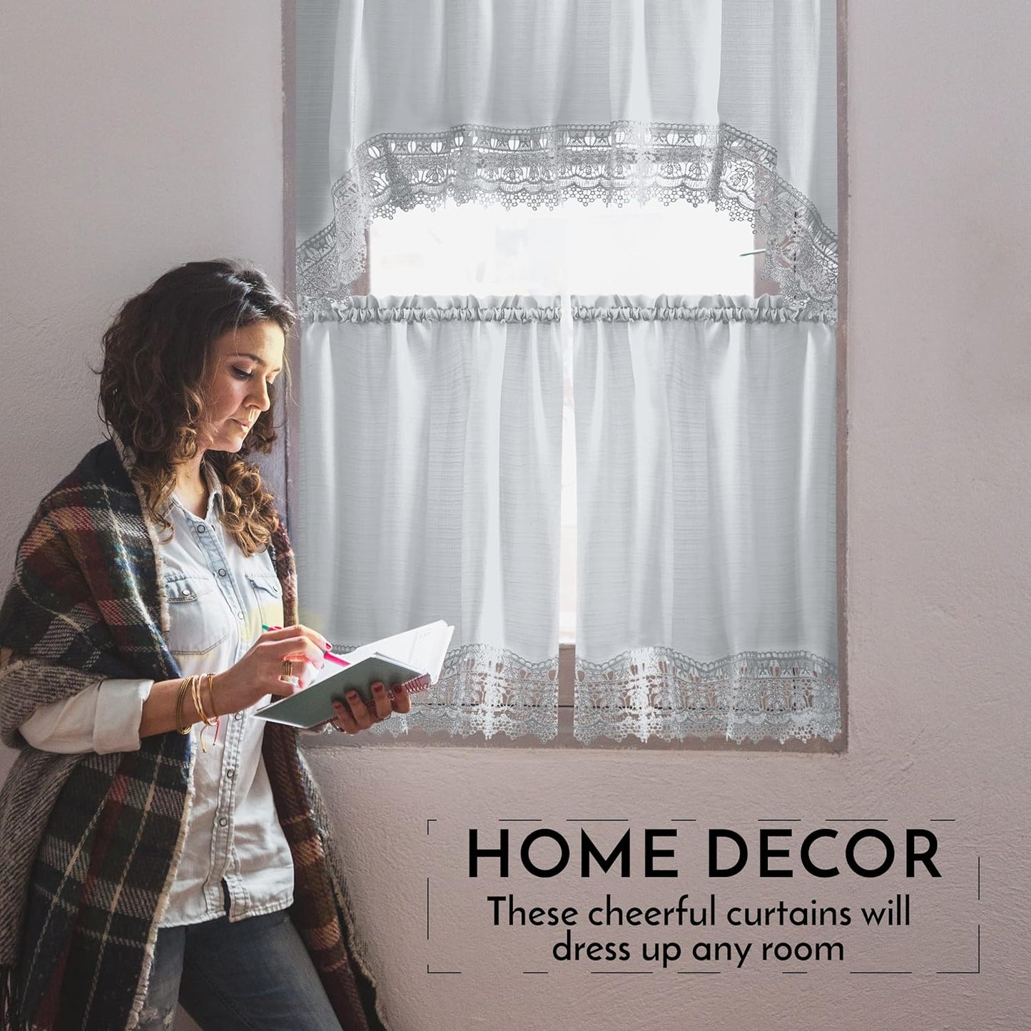 Café Curtains for Kitchen, Curtains with Valance, Embroidered Lace Border. (Steele Gray)