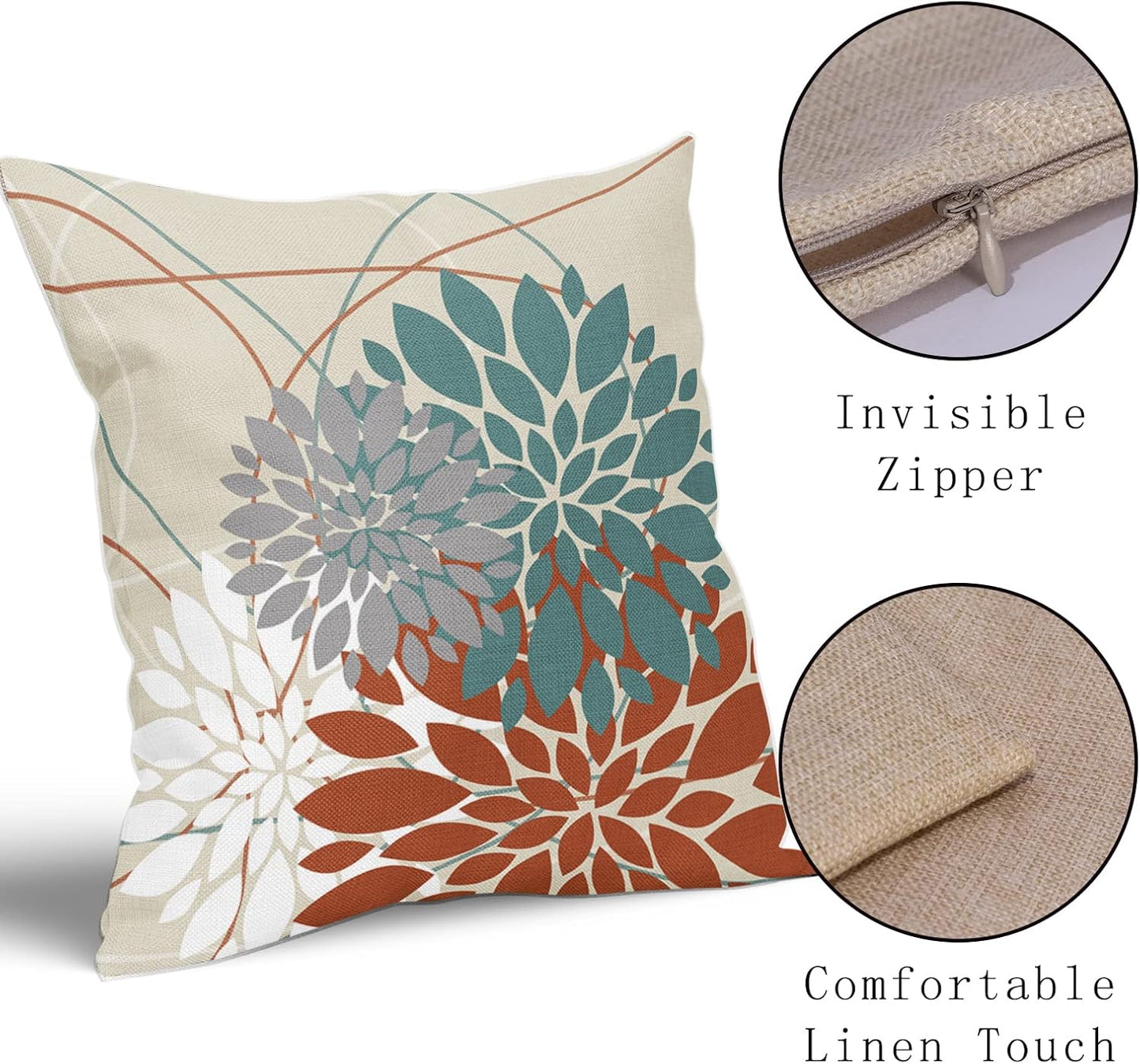 Orange Aqua Throw Pillow Covers 16X16 Dahlia Flower White Gray Elegant Colored, Set of 2