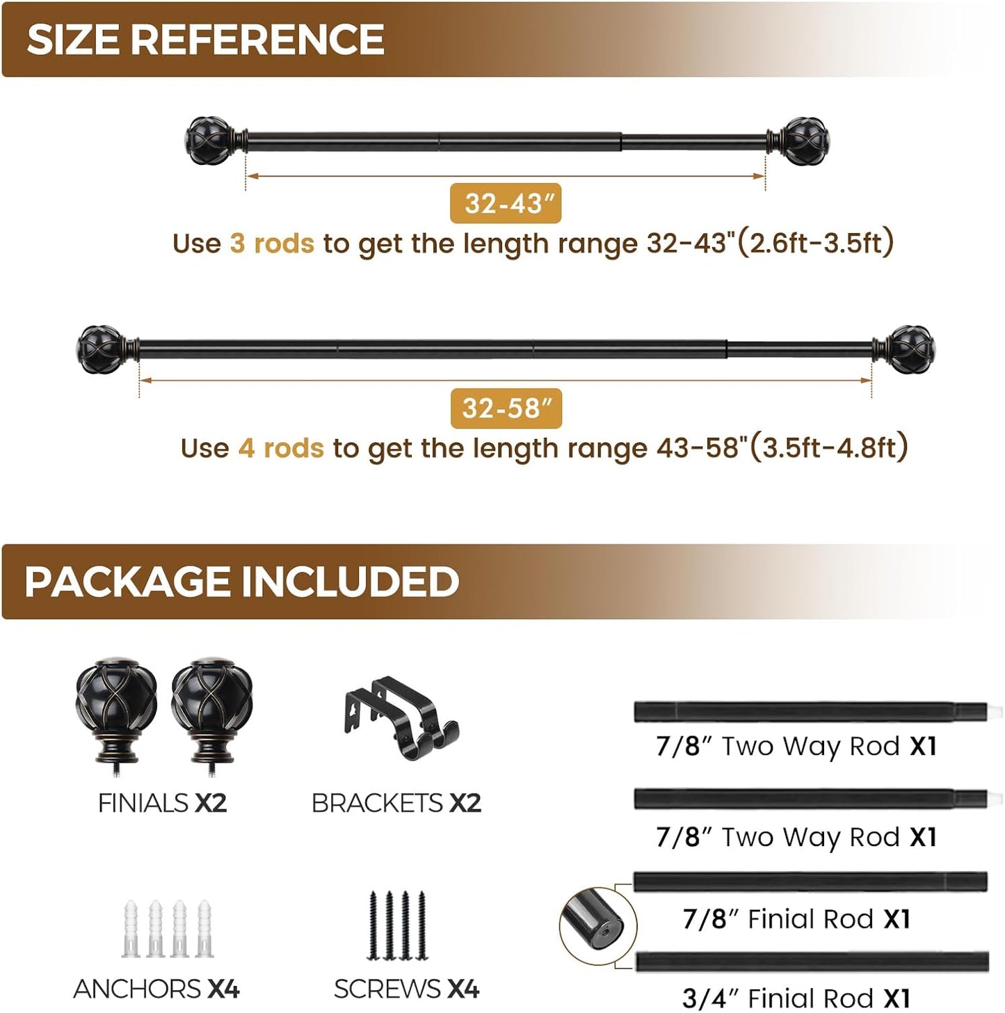 Black Curtain Rod 32 to 58 Inch(2.6-4.8Ft), Adjustable Heavy Duty Curtain Rods for Windows 28 to 48 Inch, 7/8 Inch Drapery Rods with Decorative Netted Texture End