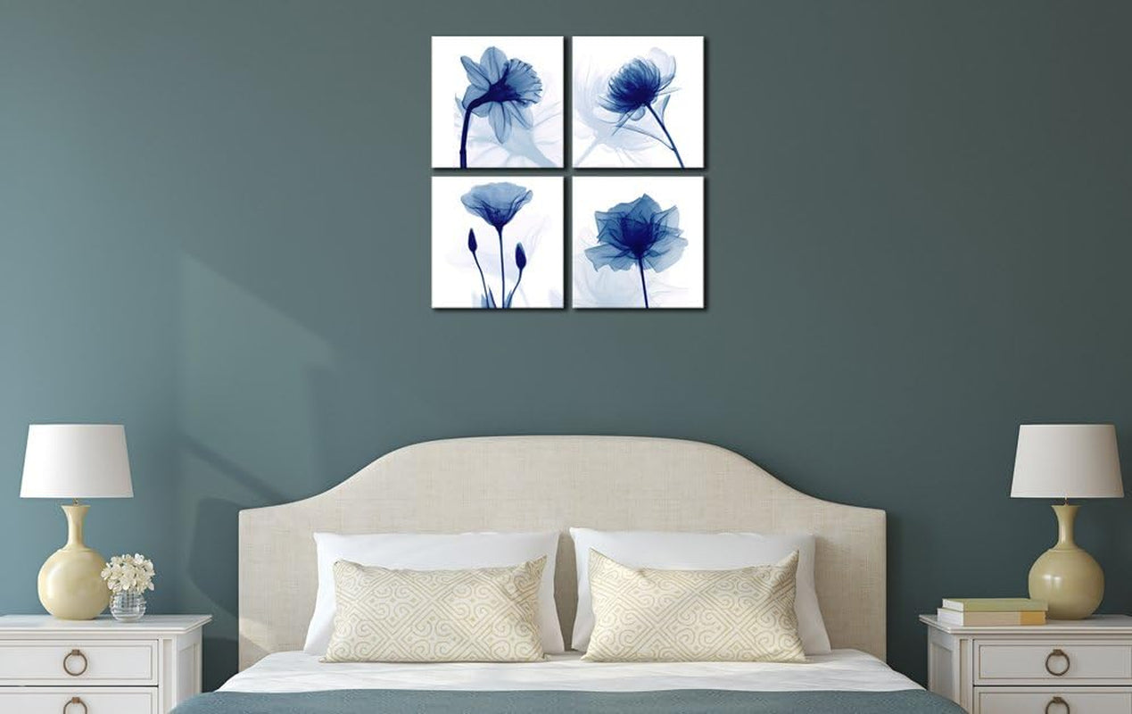 Large Blue Flickering Flower Modern Abstract Paintings Canvas Wall Art, 4pcs