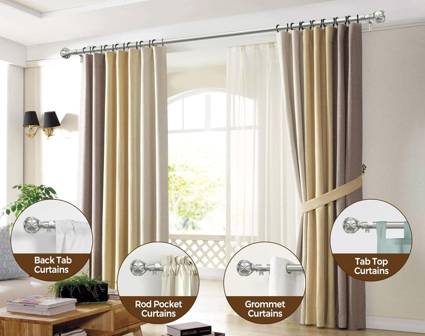 Curtain Rods for Windows, Antique Silver Curtain Rod 32 to 58 Inch(2.6-4.8Ft), 7/8 Inch Single Adjustable Drapery Rods with Decorative Netted Texture End