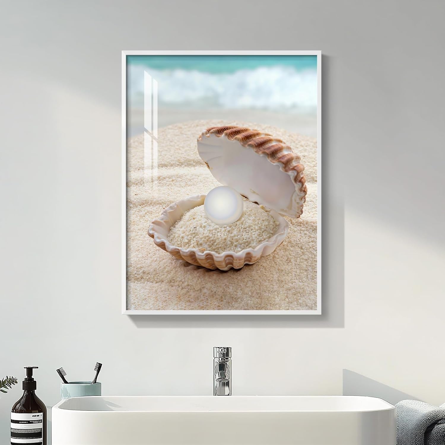 Framed Bathroom Wall Art, Modern Beach Coastal Coral Painting Print Artwork, 12X16 Inch