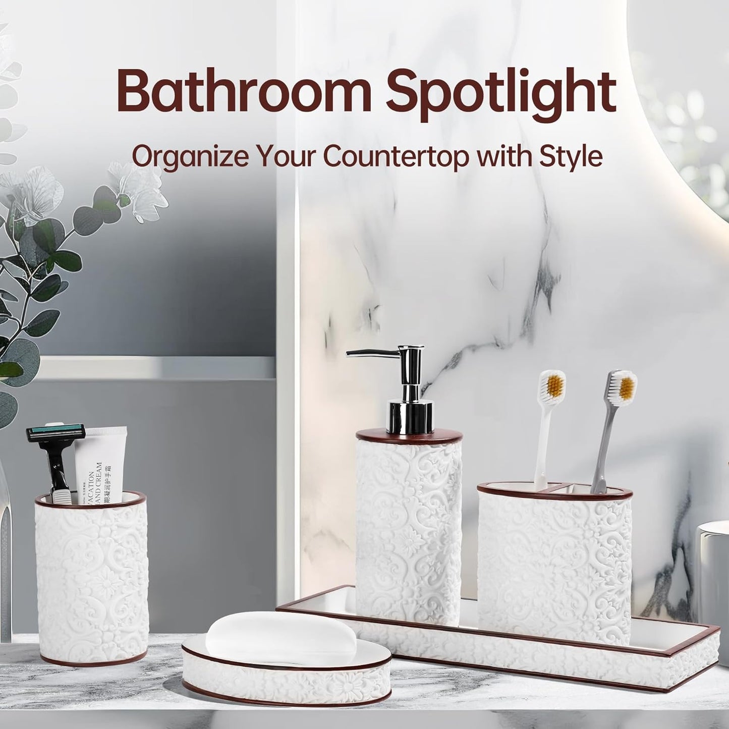 Bathroom Accessories Set, Elegant Handmade Floral Pattern, 5 Pcs, White