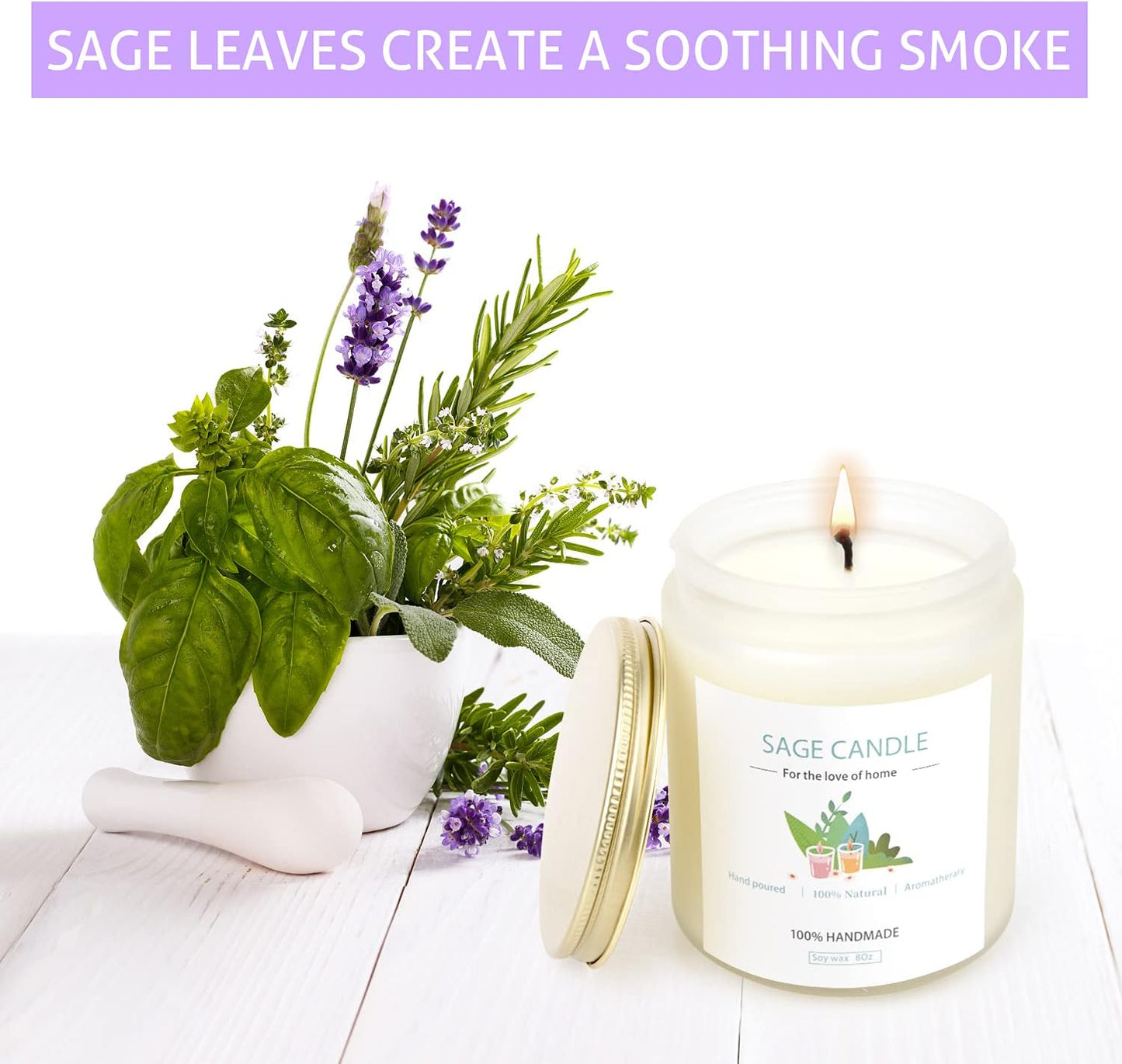 Sage Candle for Cleansing House, 8Oz 45 Hrs Soy Wax Sage Scented Candles for Home