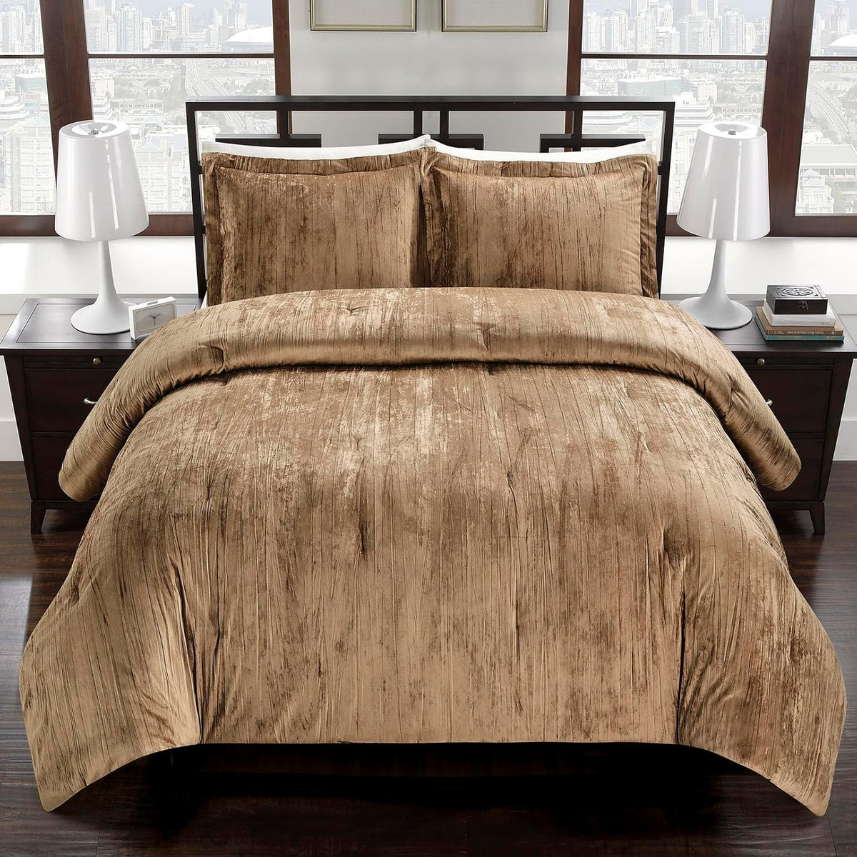 Crinkle Velvet Comforter Set, 3 Pieces Camarel Gold Queen, Crinkle Velvet Face and Brushed Microfiber Reverse, with Light Poly Fill