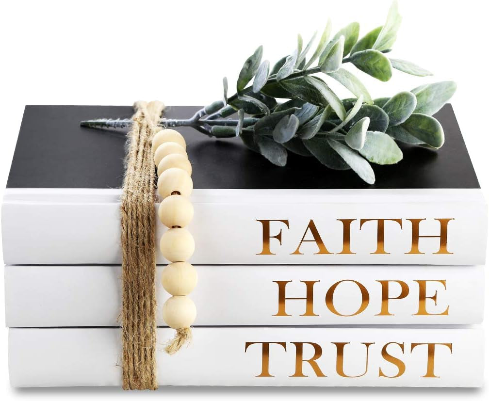 Decorative Hardcover Quote Books,Black and White Decoration Books, Farmhouse Stacked Books,Hope | Faith | Trust (Set of 3) Stacked Books for Decorating Coffee Tables and Bookshelf