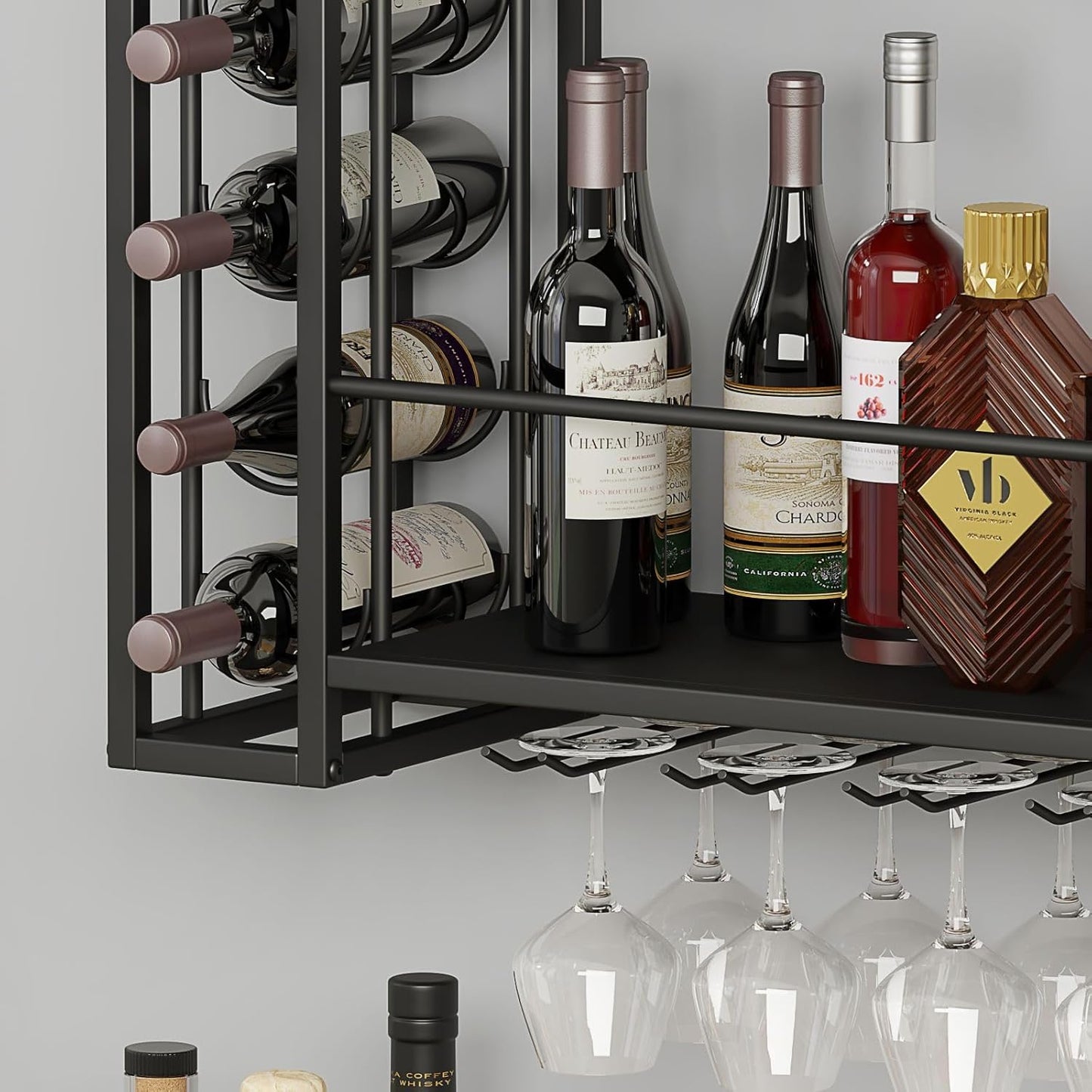 Wall Mounted Wine Rack, with Wine Glass Rack, 2-Tier Multi-Functional Shelf, Black