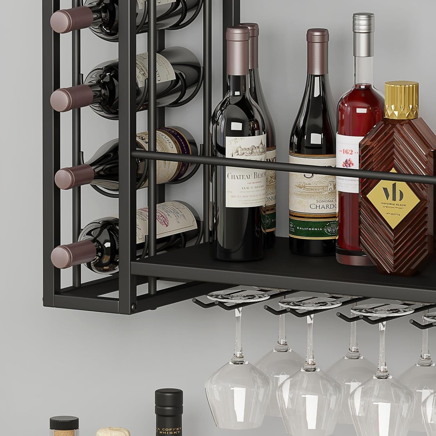 Wall Mounted Wine Rack, with Wine Glass Rack, 2-Tier Multi-Functional Shelf, Black