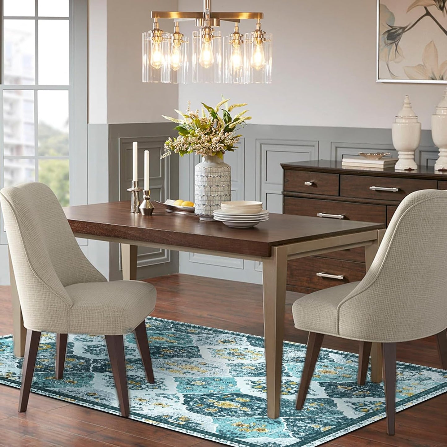 Area Rug, 5X7 Washable Boho Throw Rugs, Moroccan Trellis Bohemian Turquoise Ultra Soft- Teal/Multi