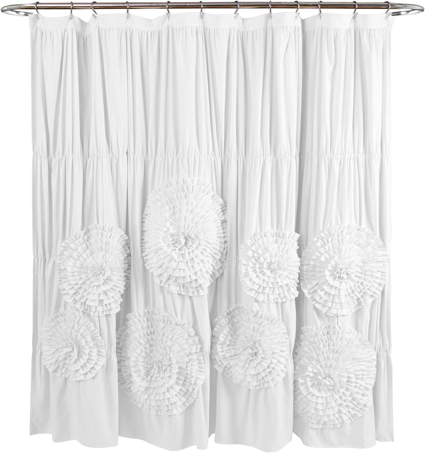 Serena Ruffle Shower Curtain, 72" W X 72" L, White - Beautiful Ruched Flower Design