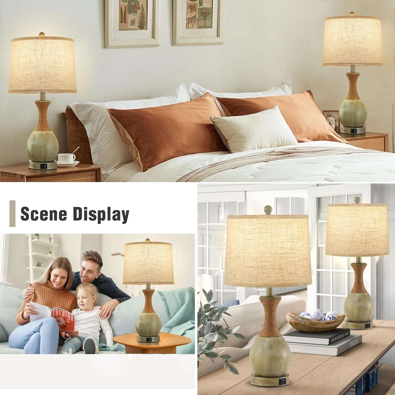 Boho Rattan Side Table Lamp Set of 2 - With 3 Way Dimmable - Bulbs Included