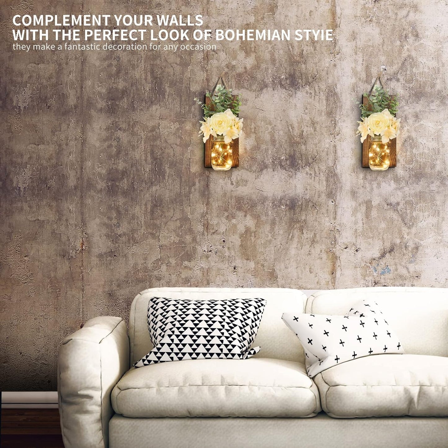 Rustic Wall Decor, Mason Jars Wall Sconces with Remote LED Lights, Hanging Kitchen Bathroom Bedroom Decor (Set of 2) - Dark Brown