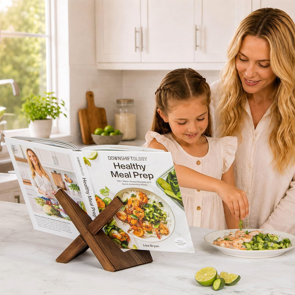 Wooden Cookbook Stand for Kitchen, Recipe Book Holder for Kitchen Counter - Rustic Brown - 1 Set
