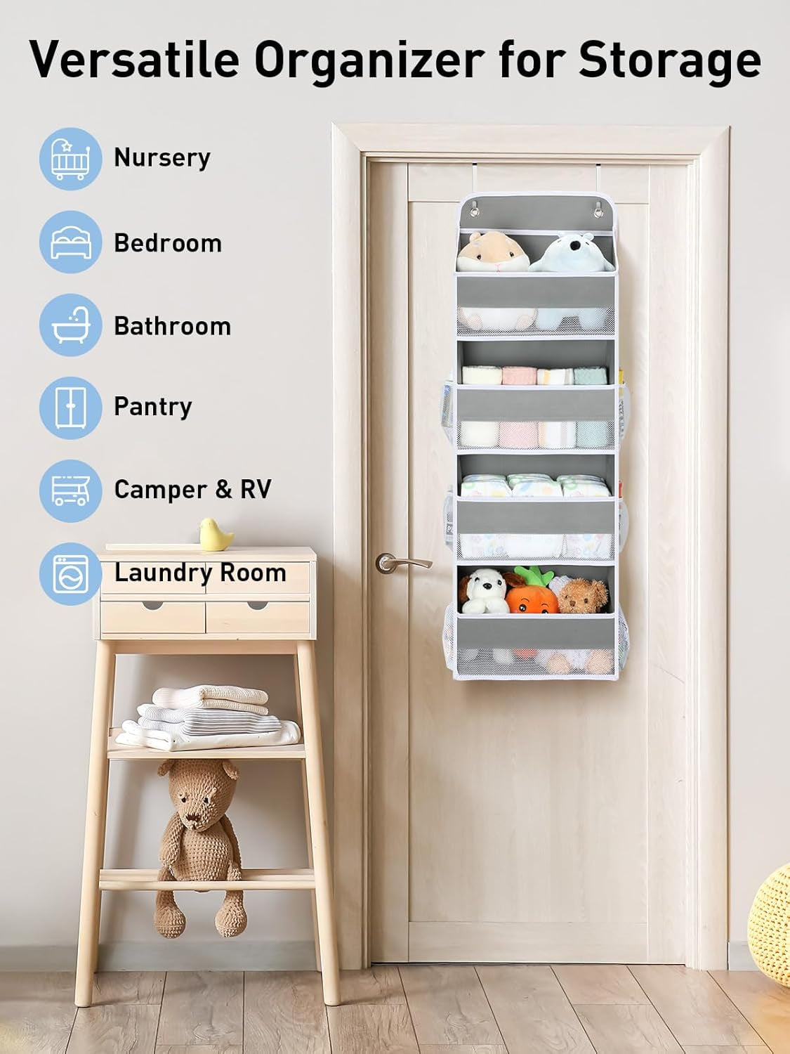 1 Pack over the Door Organizer, 35.2Lbs Load Toy Stuffed Animal Storage, Swing-Proof Hanging Bathroom Organizers and Storage for Nursery Newborn Baby Essential Stuff Dorm Room Essentials