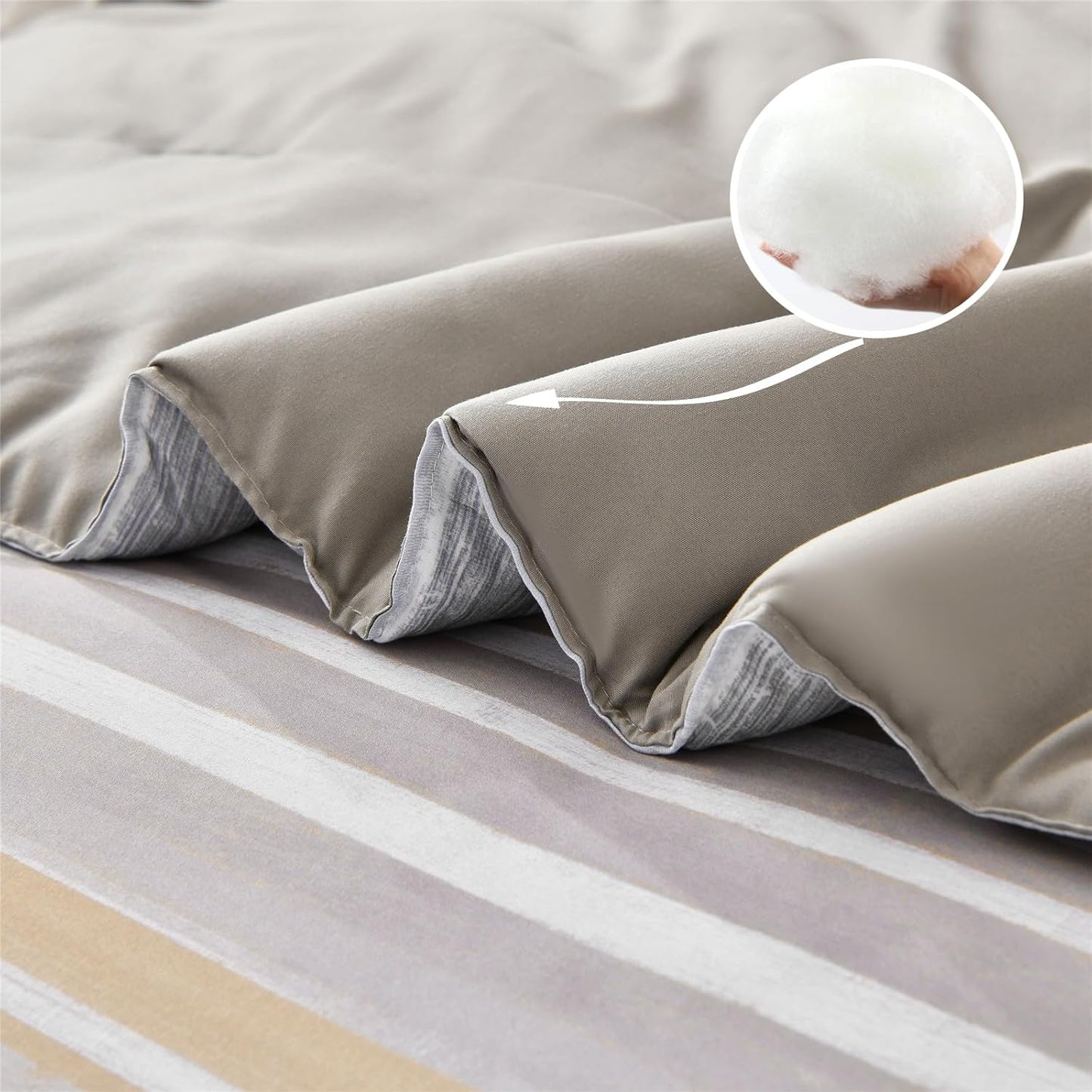 7 Piece Bed in a Bag Stripe Comforter Set Full Size, White Grey Khaki Striped Comforter and Sheet Set (Khaki,Full)