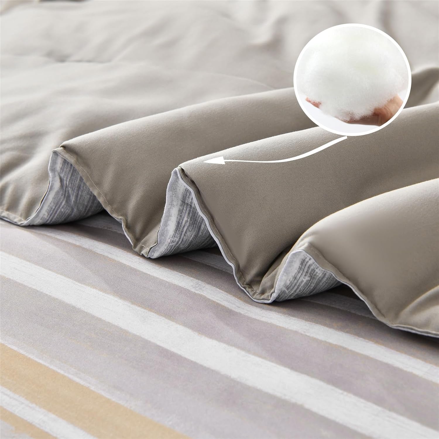 7 Piece Bed in a Bag Stripe Comforter Set Full Size, White Grey Khaki Striped Comforter and Sheet Set (Khaki,Full)