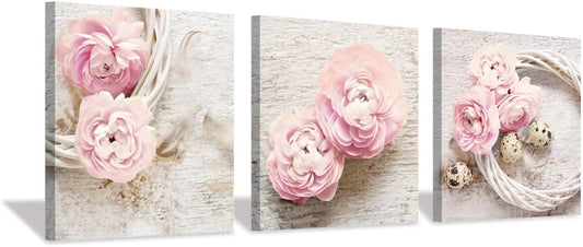 Floral Picture Canvas Wall Art: Pink Peony Flower Wreath Photographic Prints for Decor (12”X12”X3Pcs)