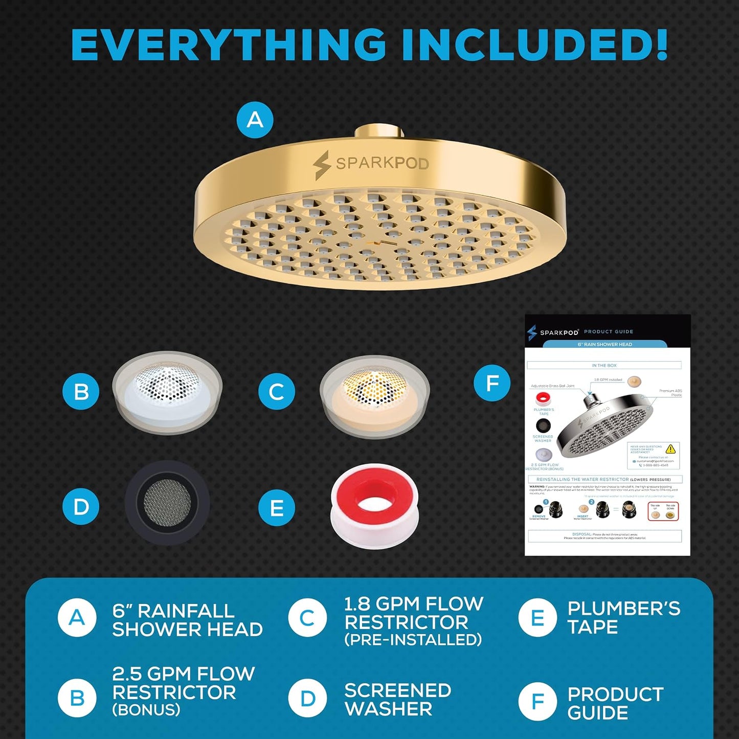 Egyptian Gold Rain Shower Head, 6 Inch Round
