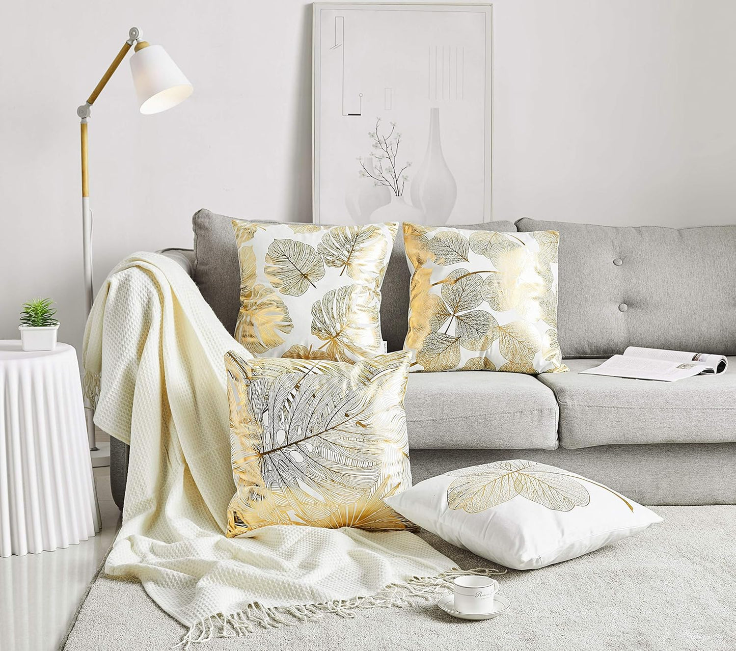 Decorative Throw Pillow Cover Gold Stamping Leaves 18 X 18 Inches, 4 Set