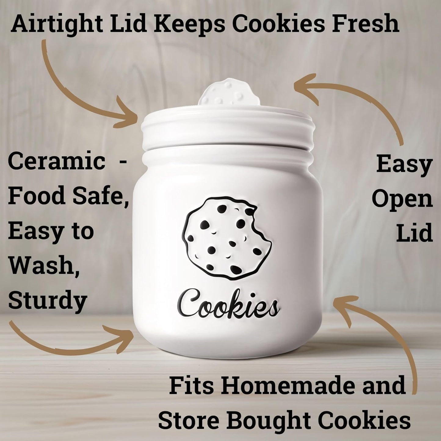 Cookie Jar with Airtight Lid - 6" X 8" H Matte White Ceramic Cookie Jar with Rubber Lined Lid - Large Cookie Jars