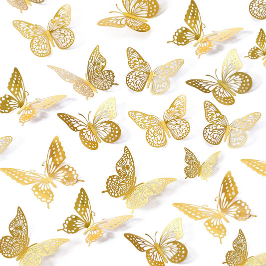 3D Butterfly Wall Decor - 48 Pcs, 4 Styles, 3 Sizes, Gold Butterfly Decorations, Removable Stickers
