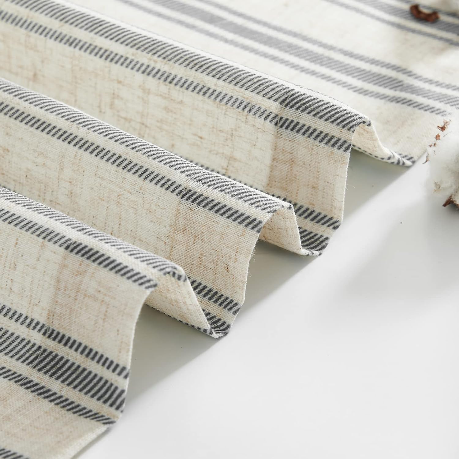 Linen Striped Kitchen Curtains 24 Inch Farmhouse Small Cafe Curtains Balanced Stripe Half Window, 2 Panels Black on Beige