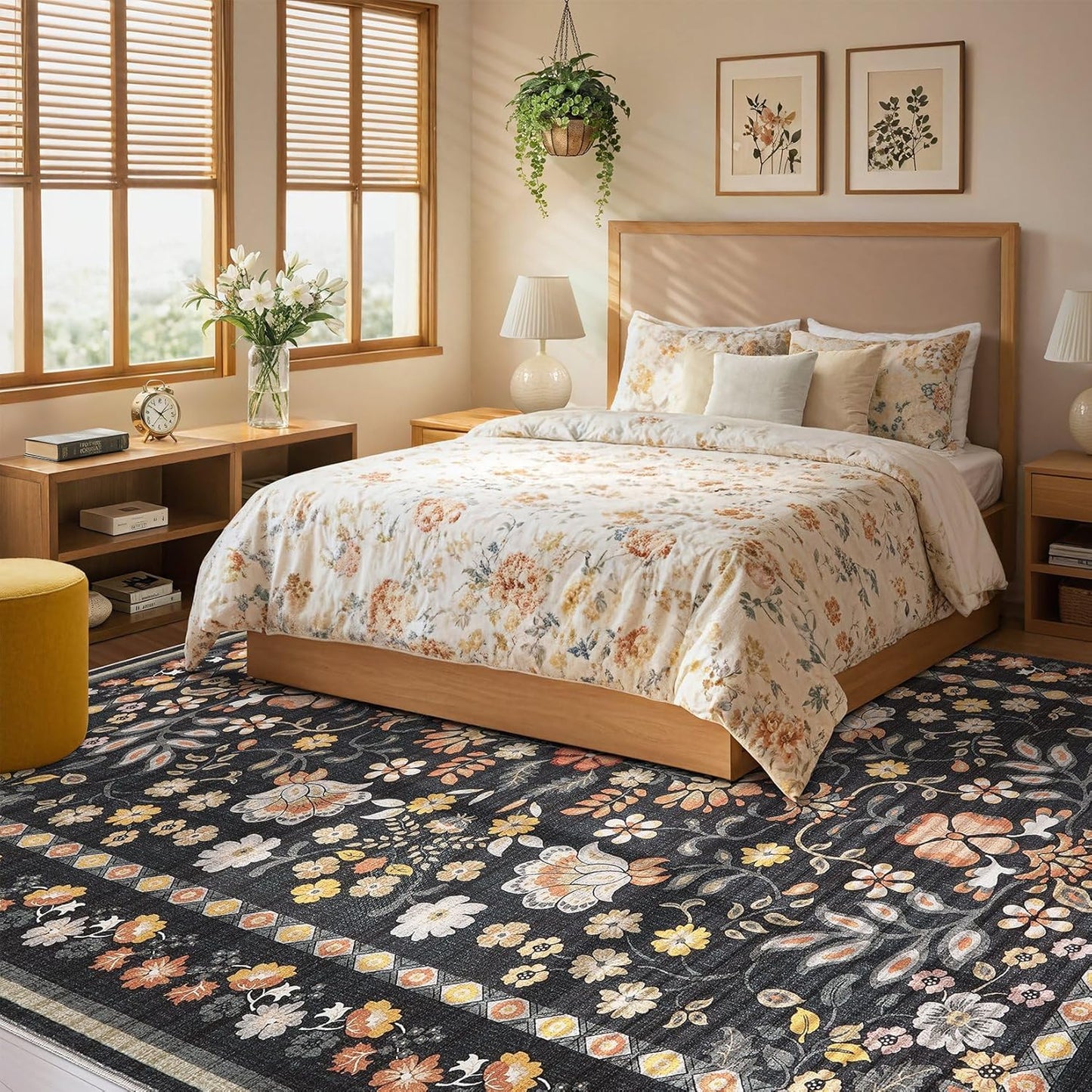 5X7 Area Rug Living Room Rugs - Washable Boho Vintage Floral Large Soft Non-Slip Thin Rug Low Pile Carpet- Black Grey