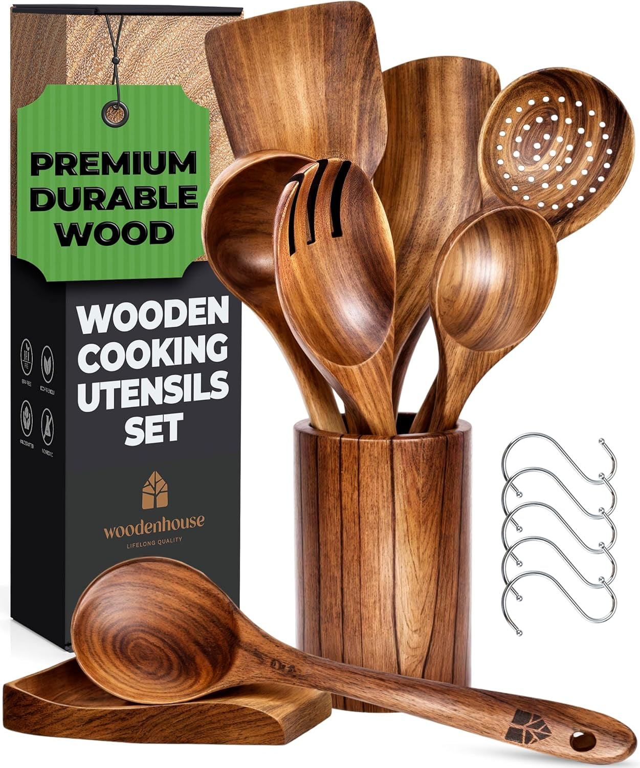 Teak Wooden Utensil Set with Spoon Rest & Hooks, Non-Stick Friendly 8 Pcs