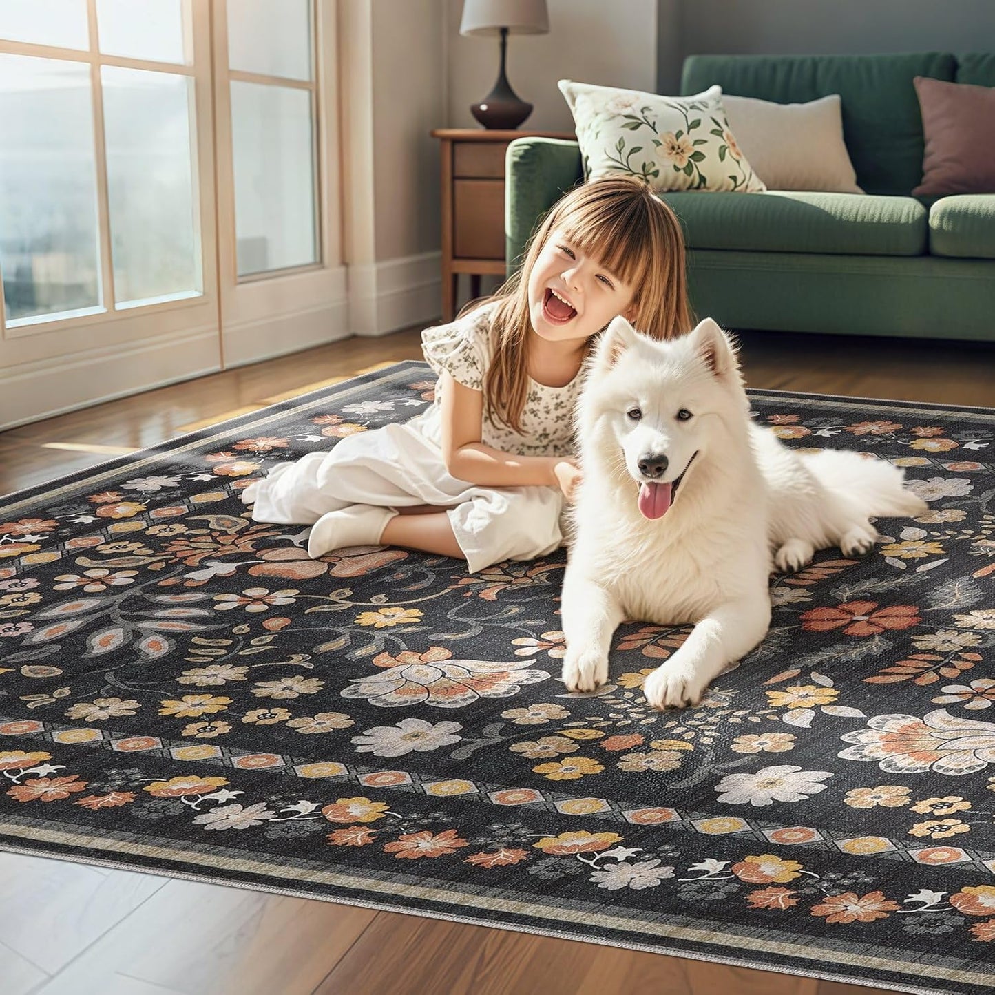5X7 Area Rug Living Room Rugs - Washable Boho Vintage Floral Large Soft Non-Slip Thin Rug Low Pile Carpet- Black Grey