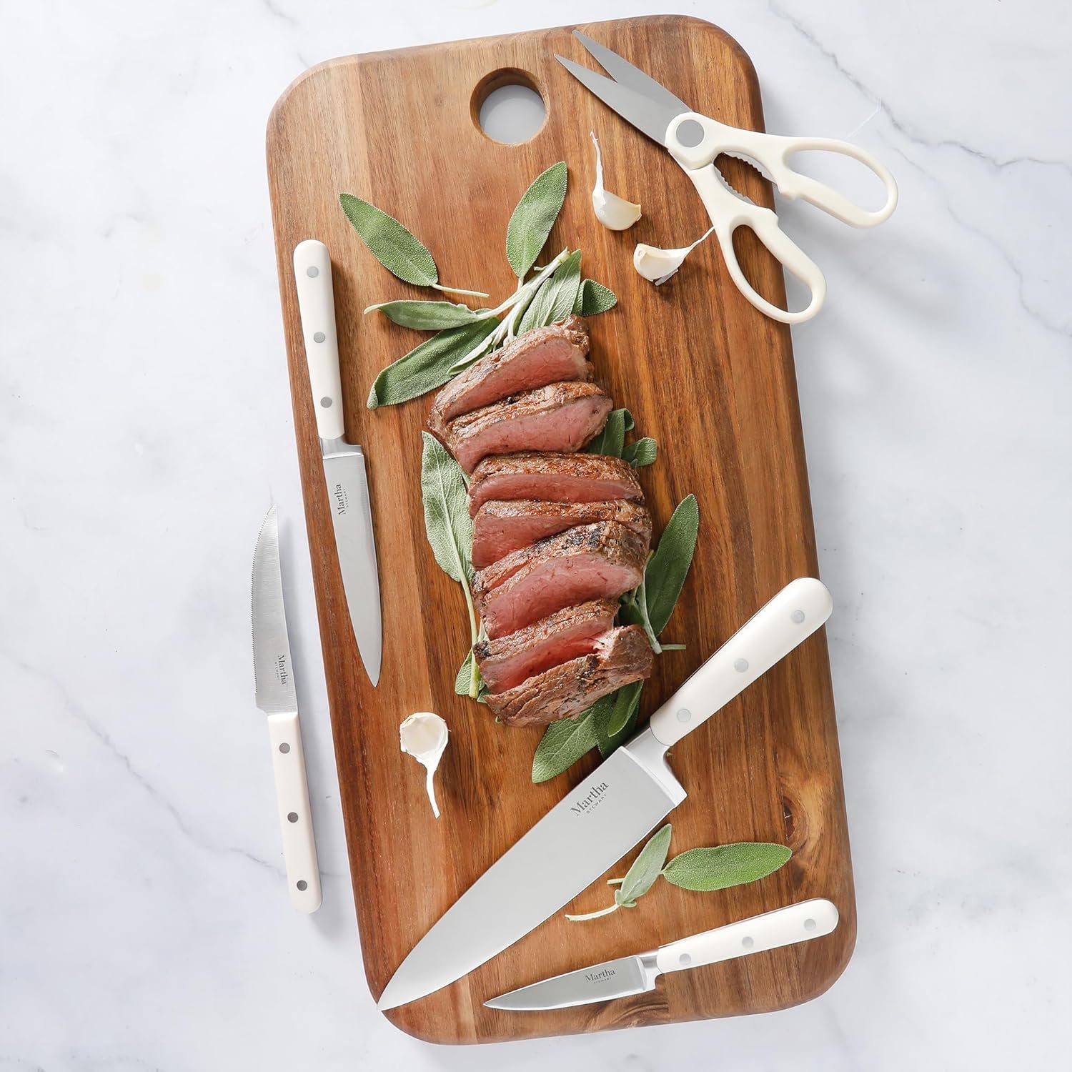 Eastwalk 14 Piece High Carbon Stainless Steel Cutlery Kitchen Knife Block Set W/Abs Triple Riveted Forged Handle Acacia Wood Block - Linen White