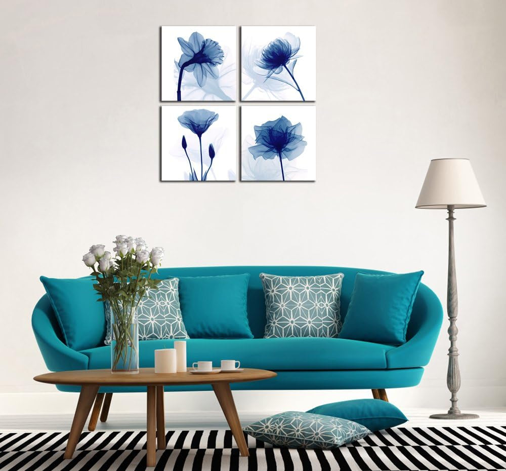Large Blue Flickering Flower Modern Abstract Paintings Canvas Wall Art, 4pcs