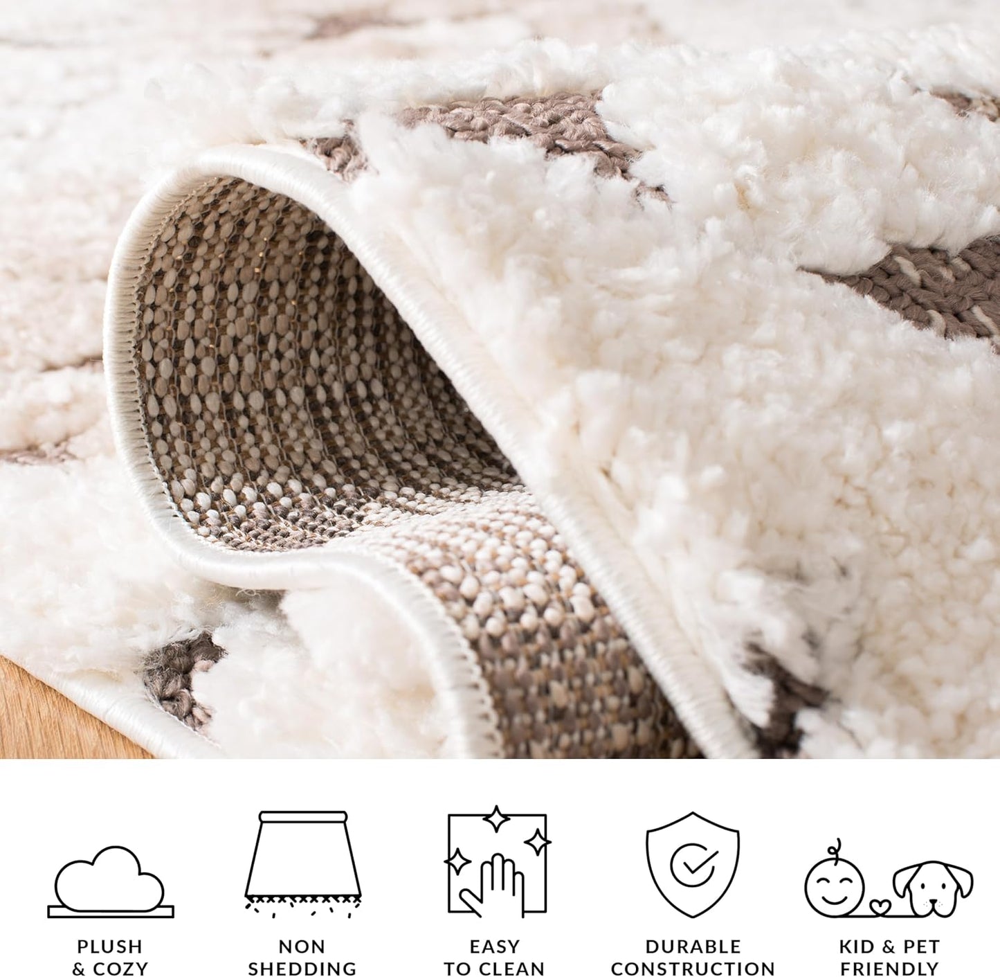 Moroccan Tassel Shag Collection Area Rug - 6'7" Square, Ivory & Brown, Boho Design, Non-Shedding & Easy Care (MTS688A)