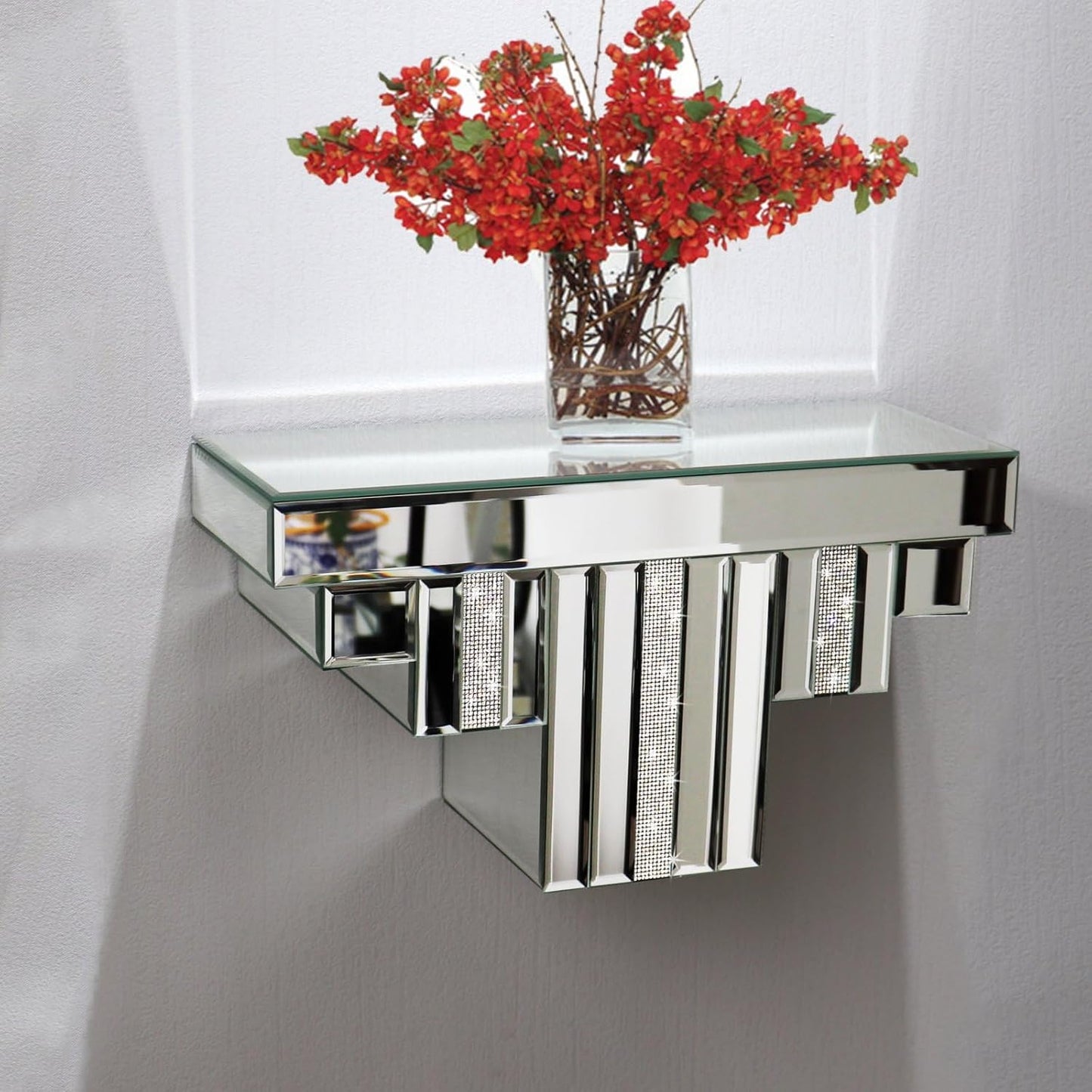 Mirrored Floating Wall Shelf, Silver Mirror Crushed Diamond Decorative Wall Shelf, 14.3" L×5.5" W×7.6" H
