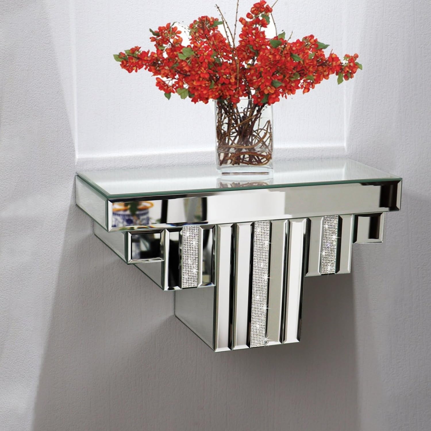 Mirrored Floating Wall Shelf, Silver Mirror Crushed Diamond Decorative Wall Shelf, 14.3" L×5.5" W×7.6" H