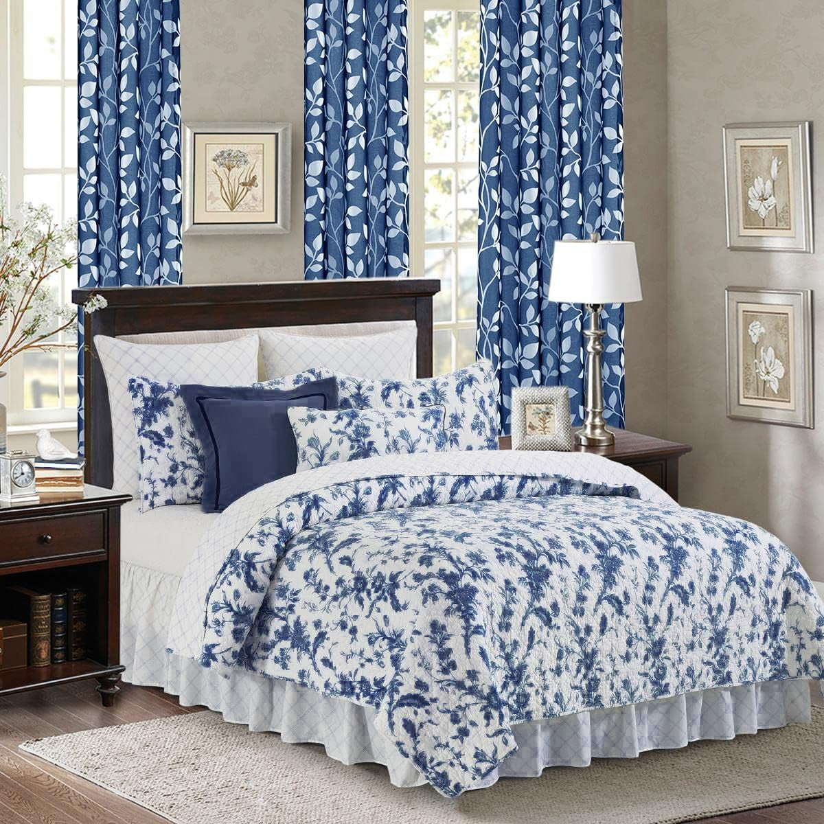 Navy Blue Pattern Curtains 84 Inch Length for Living Room 2 Panels Set,Leaf Floral Design Sheer Curtains