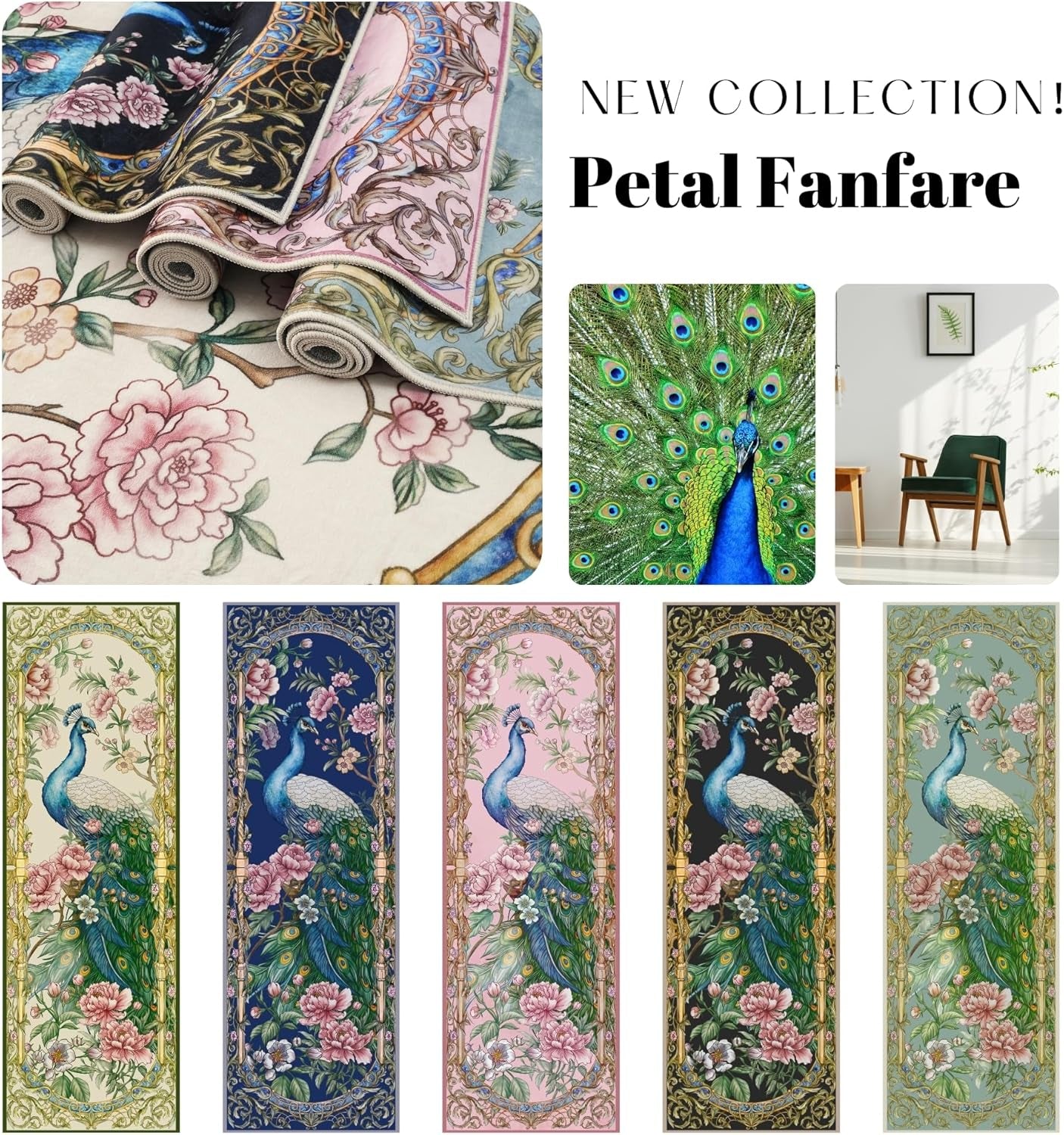 Round Rug 4Ft Washable Circle Rug Non-Slip, Floral Peacock (Cobalt Blue)